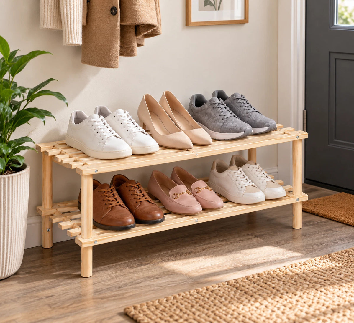 2 Tier Bamboo Shoe Rack Plant Rack Bathroom Storage Organiser Unit Shelf Hallway