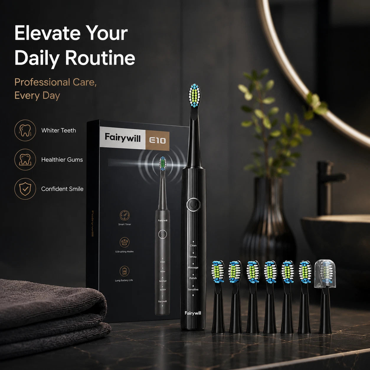 Fairywill E10 Electric Toothbrush Sonic USB Rechargeable 5 Modes 8 Heads Black