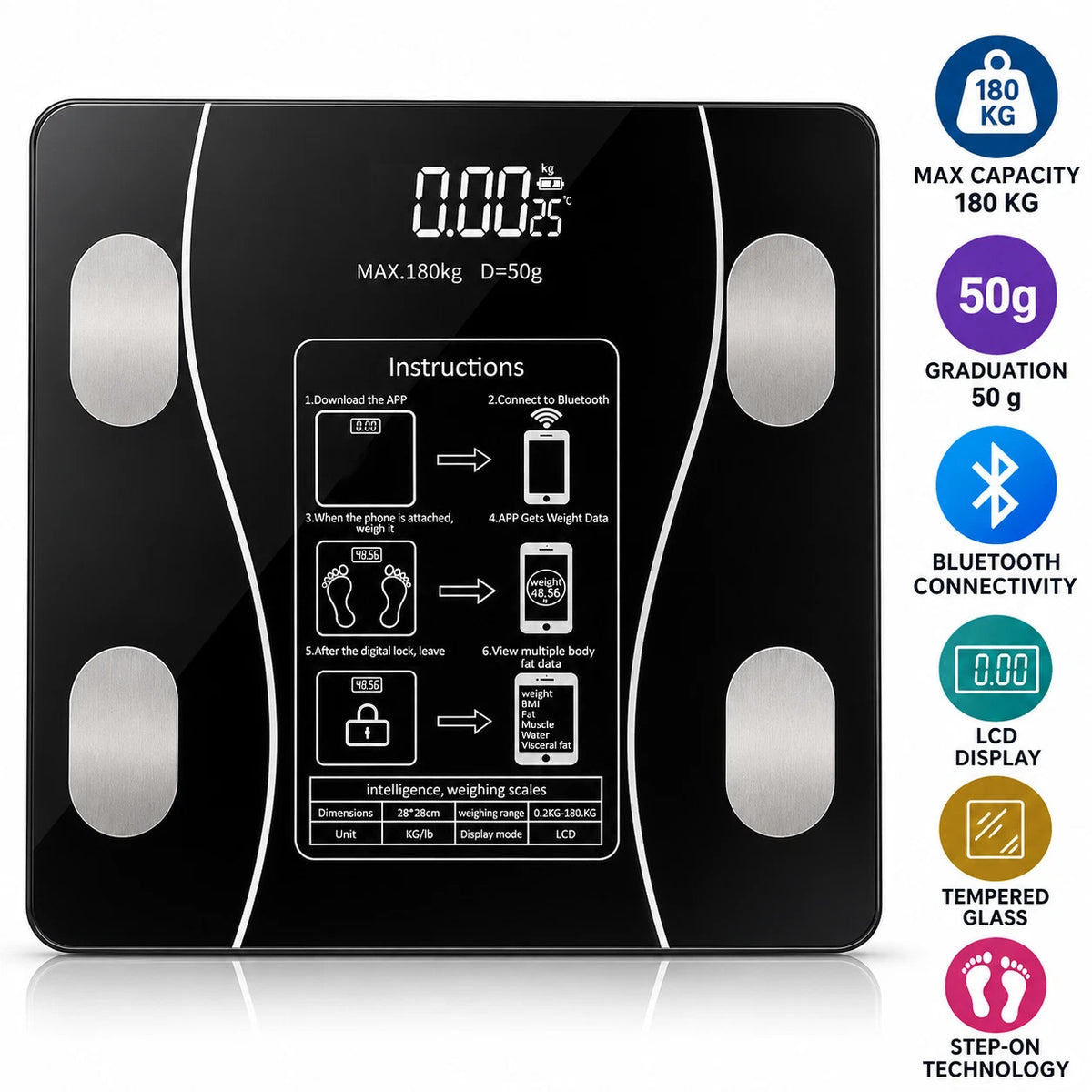 Celino Smart Bathroom Scales Bluetooth Body Fat BMI Digital Weighing Scale 180kg