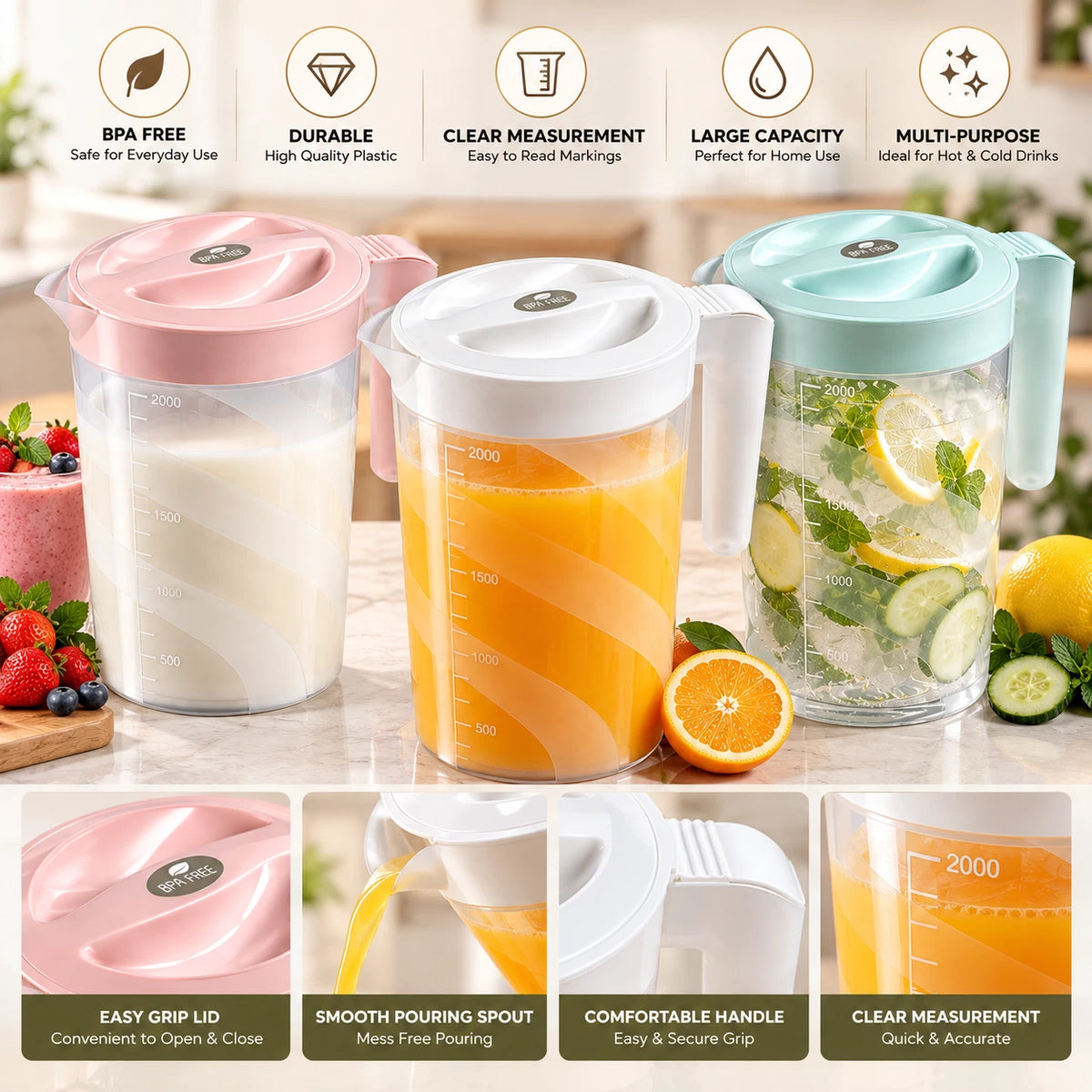 2 Litre Plastic Jug with Lid Pitcher Water Cocktail Juice Drinks Measuring Jugs