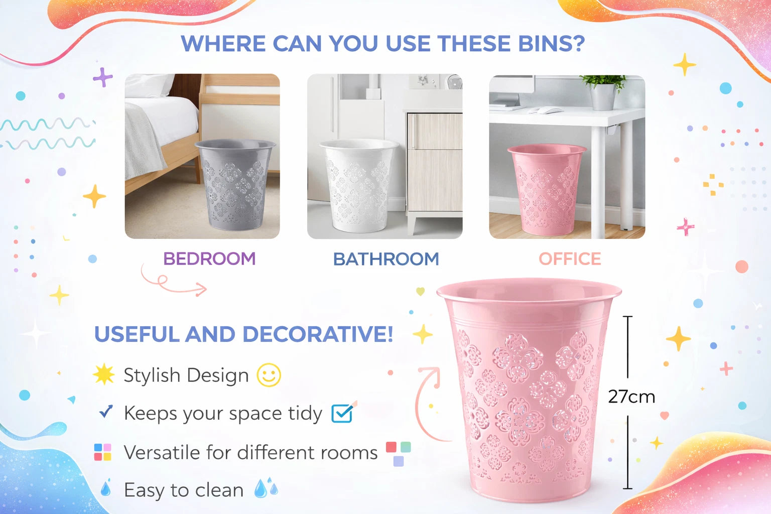 8L Waste Paper Bin Office Bedroom Bathroom Home Floral Rubbish Kitchen Dustbin