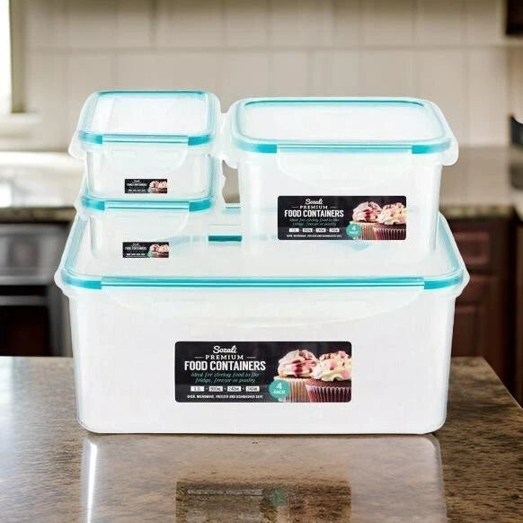 4pk Plastic Food Storage Containers Airtight Clip Lock Kitchen 3.3L +0.9+0.24ml