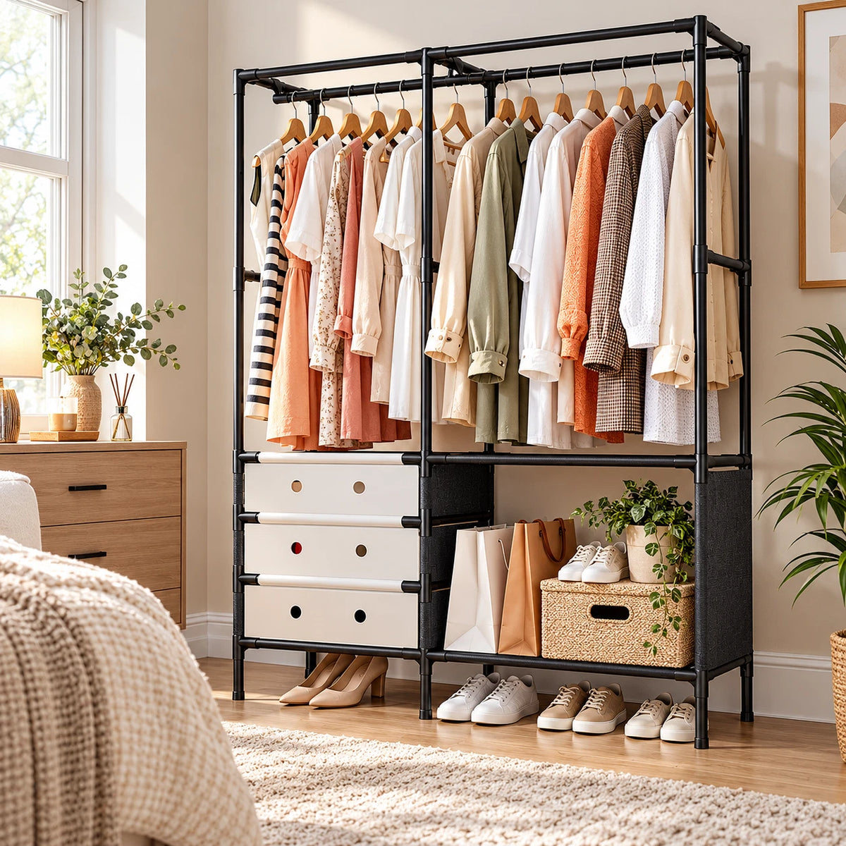 Portable Wardrobe Clothes Storage Closet Organiser With Drawers Hanging Rail