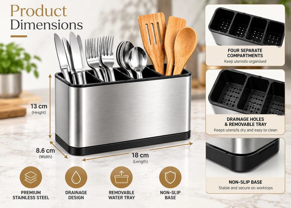 Stainless Steel Utensil Holder with 4 Compartments Draining Base Kitchen Storage
