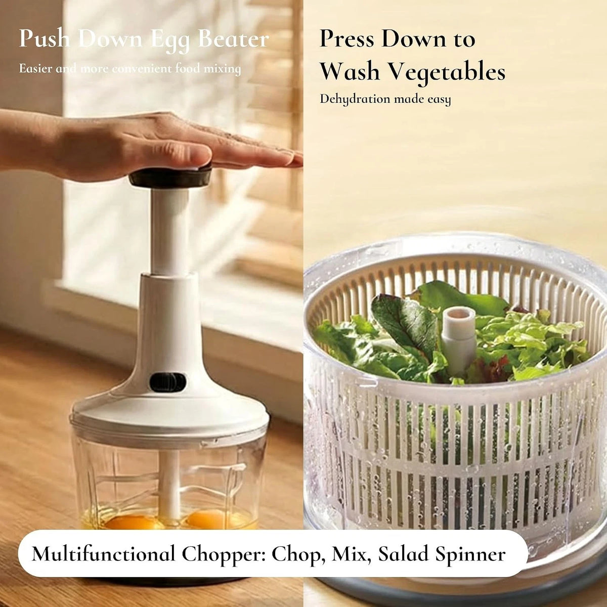 Manual Hand Press Food Chopper with Egg Whisker & Vegetable Salad Spinner 1200ml
