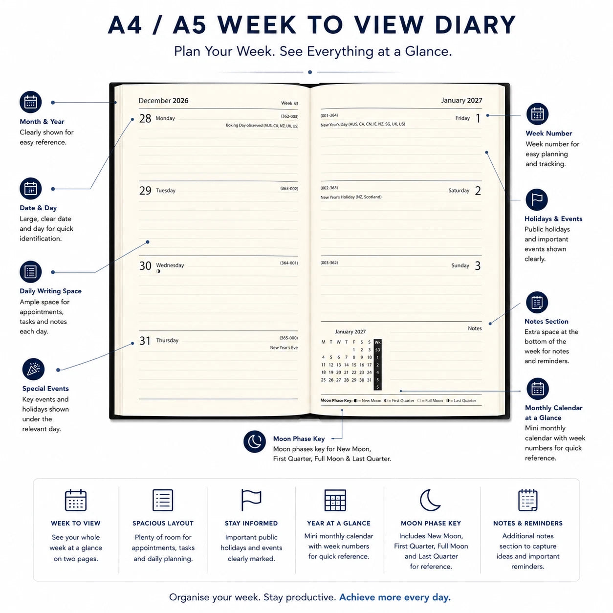 2027 Diary A4 A5 Page a Day or Week To View Padded Cover Dairy Diaries Office