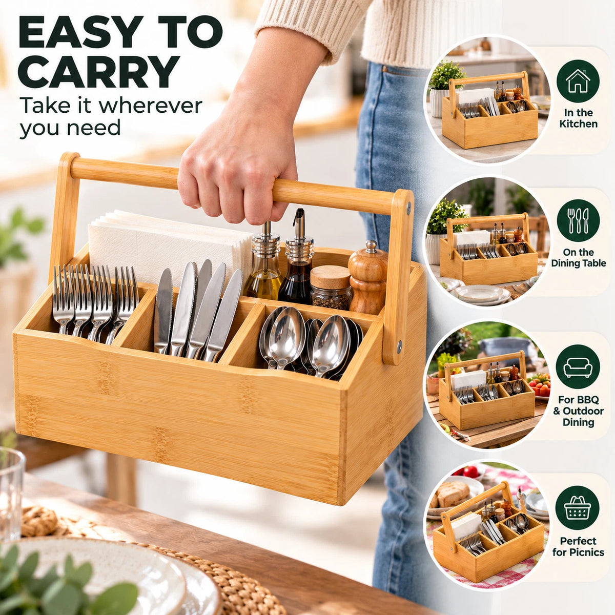 Bamboo Utensil Cutlery & Condiments Holder Kitchen Storage 4 Compartments Handle