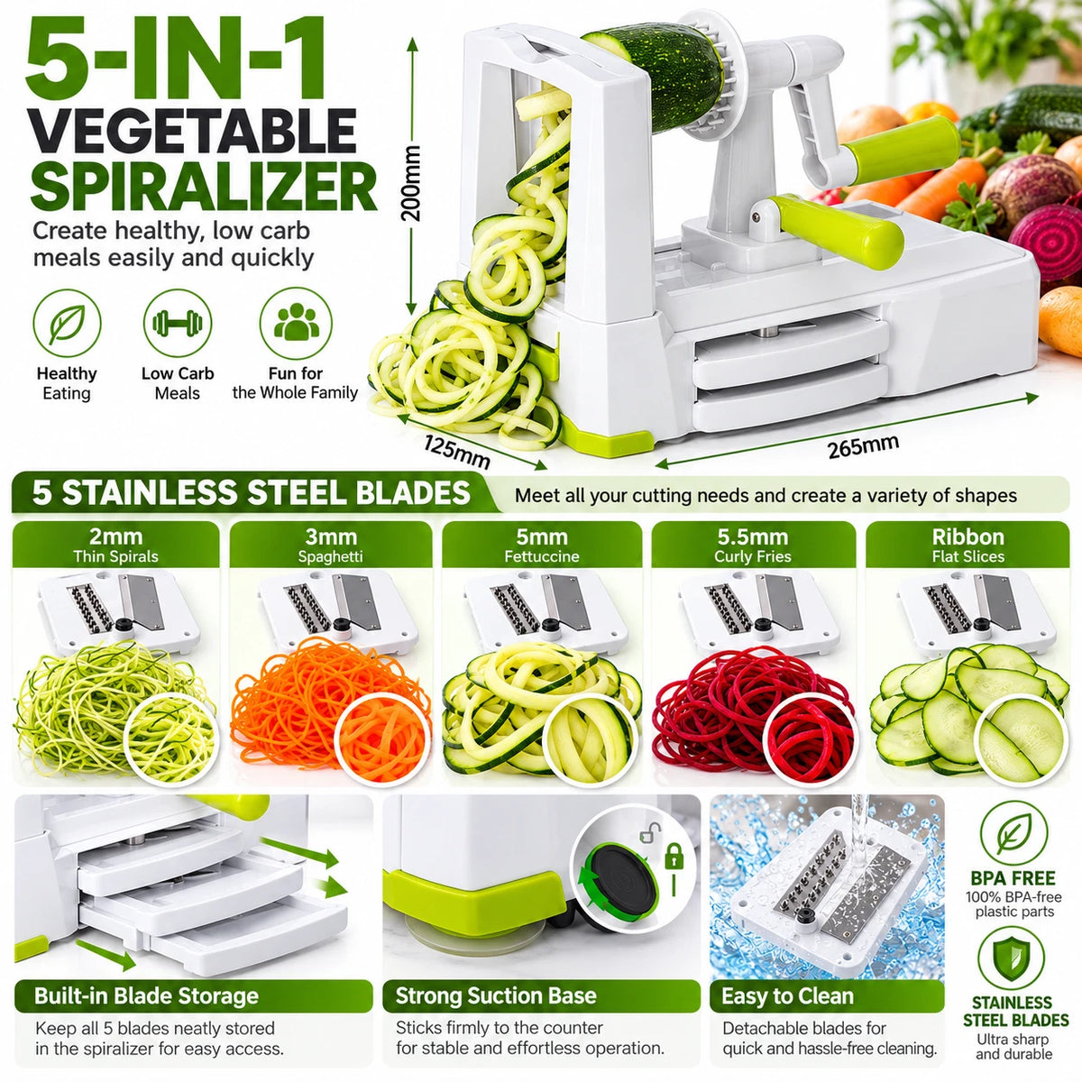 5 Blades Vegetable Spiralizer Slicer Zucchini Noodle Pasta Spaghetti Maker NEW