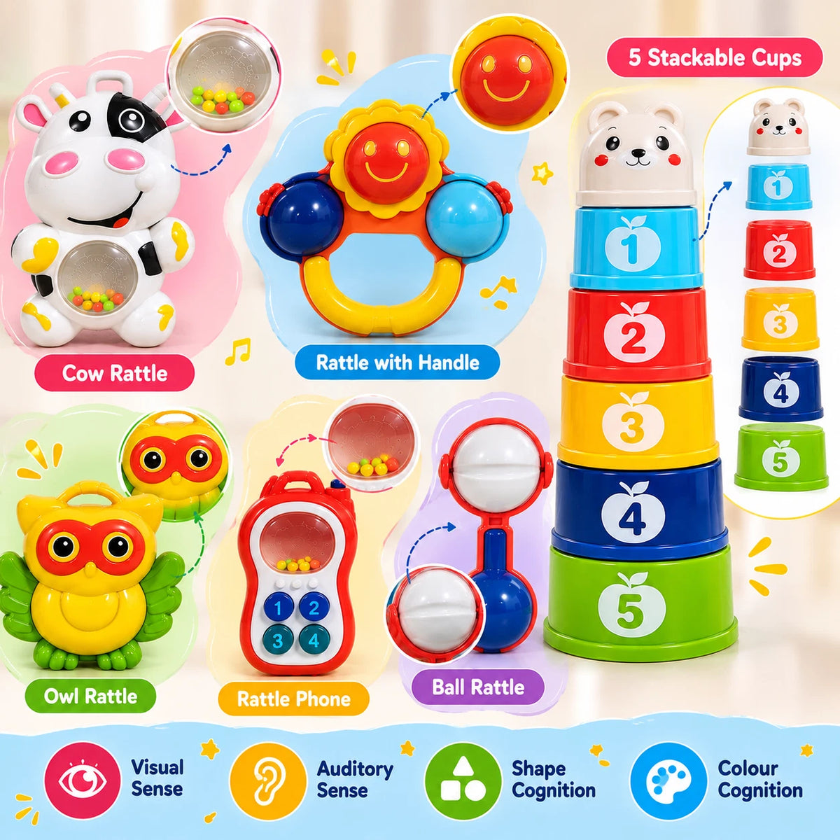 Baby Rattles And Stacking Cups Set Development Learning Activity Toys Gift Set