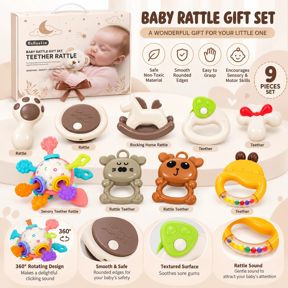 9pc Baby Rattles and Teether Gift Set For Newborn Sensory Activity Play Toy XMAS