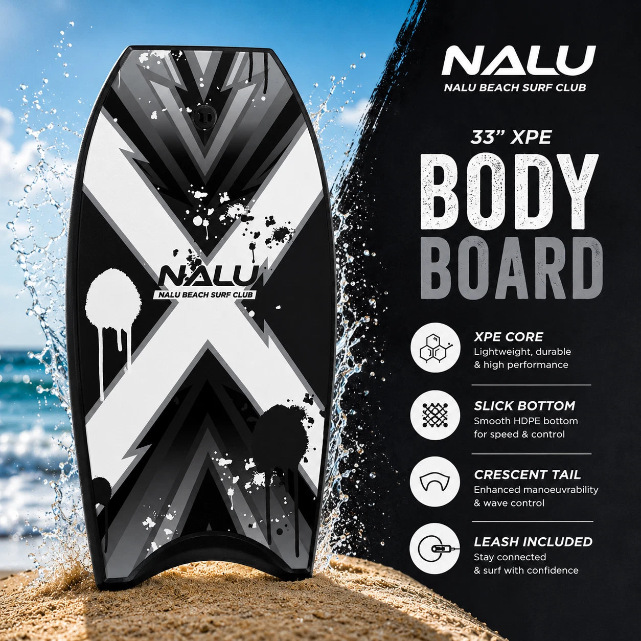 33" XPE Boogie Board Bodyboard Surf Summer Beach Float Kids Adults Leash Plug