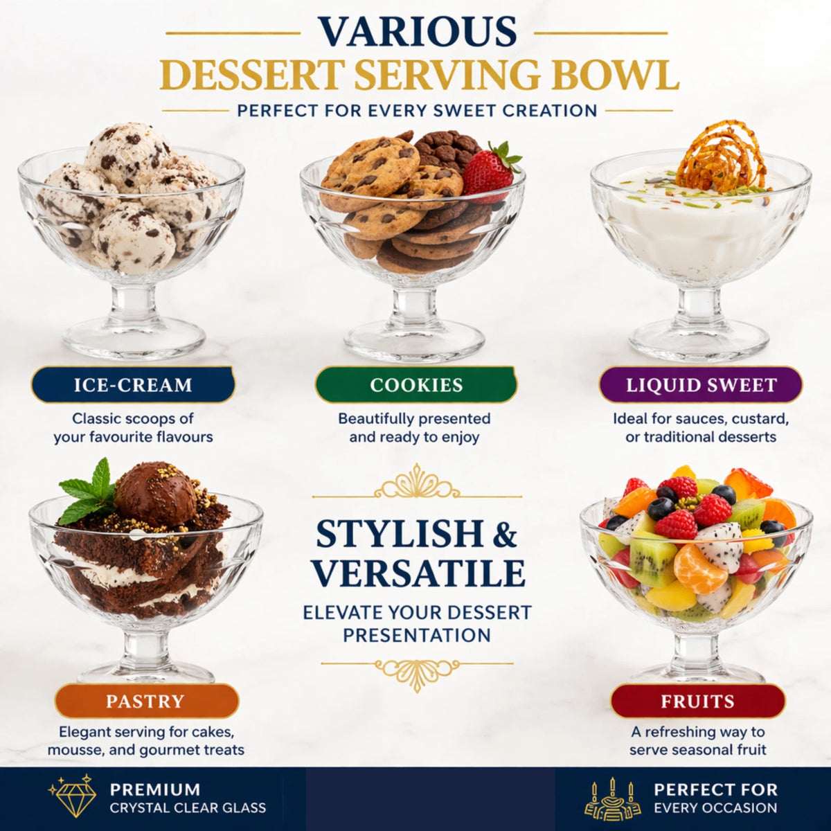 Set of 6 Dessert Bowls Ice Cream Sundae Glasses Stemmed Footed Trifle Pudding