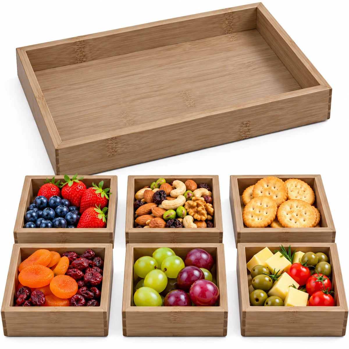 7pc Bamboo Serving Tray Rectangular Food Platters Nuts Candy Storage Organiser