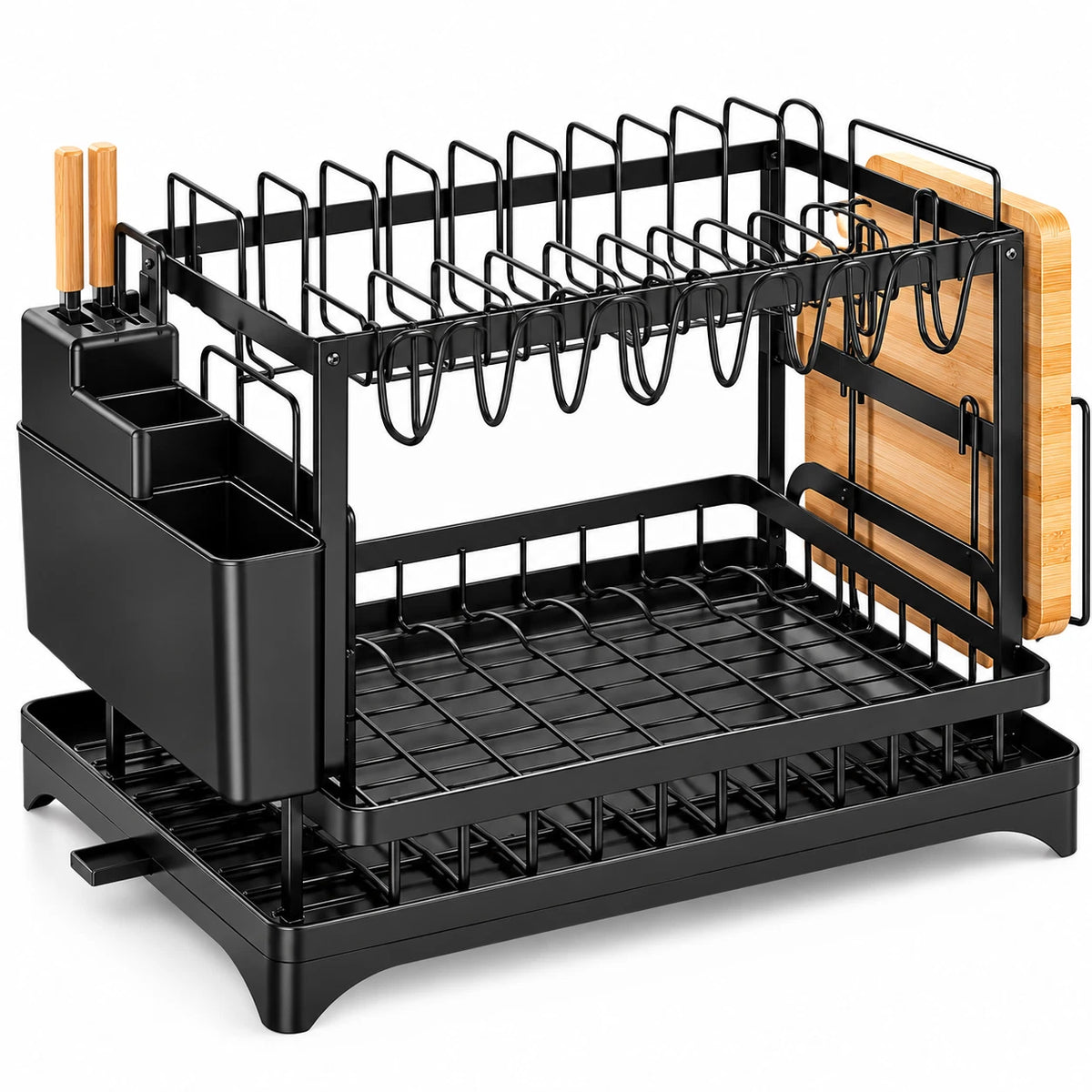 2 Tier Dish Drainer Rack Stainless Steel Drip Tray Space Saving Cutlery Holder