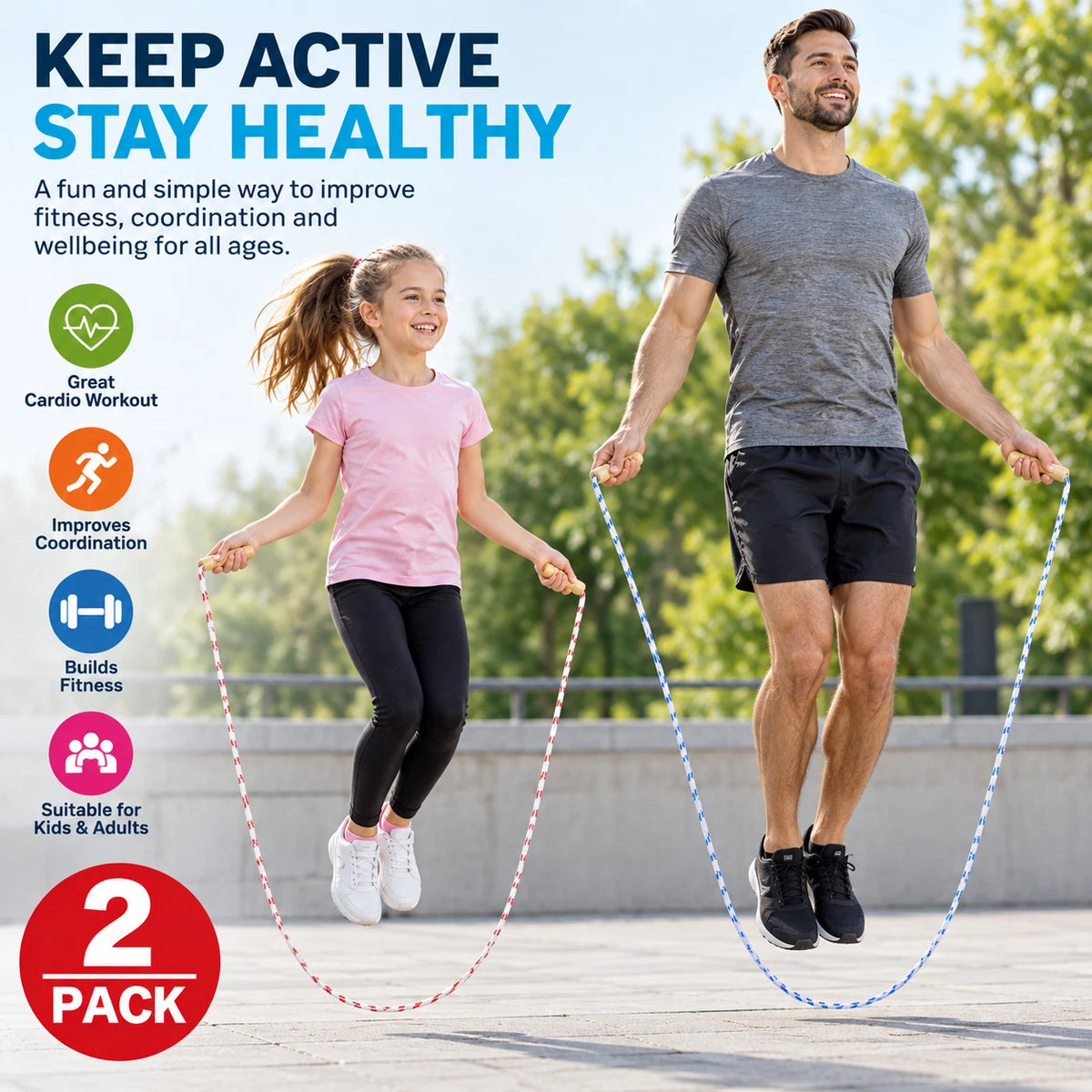 2 x Skipping Rope Wooden Handle Jumping Speed Gym Activity Kids Adults Fitness