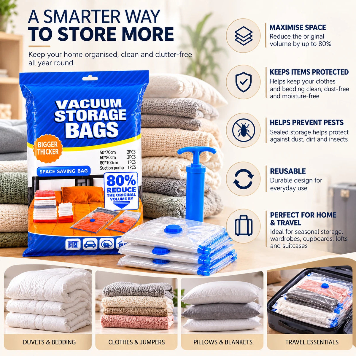 10 pcs Vacuum Storage Bags with Pum Space Saver Clothes Home Organiser