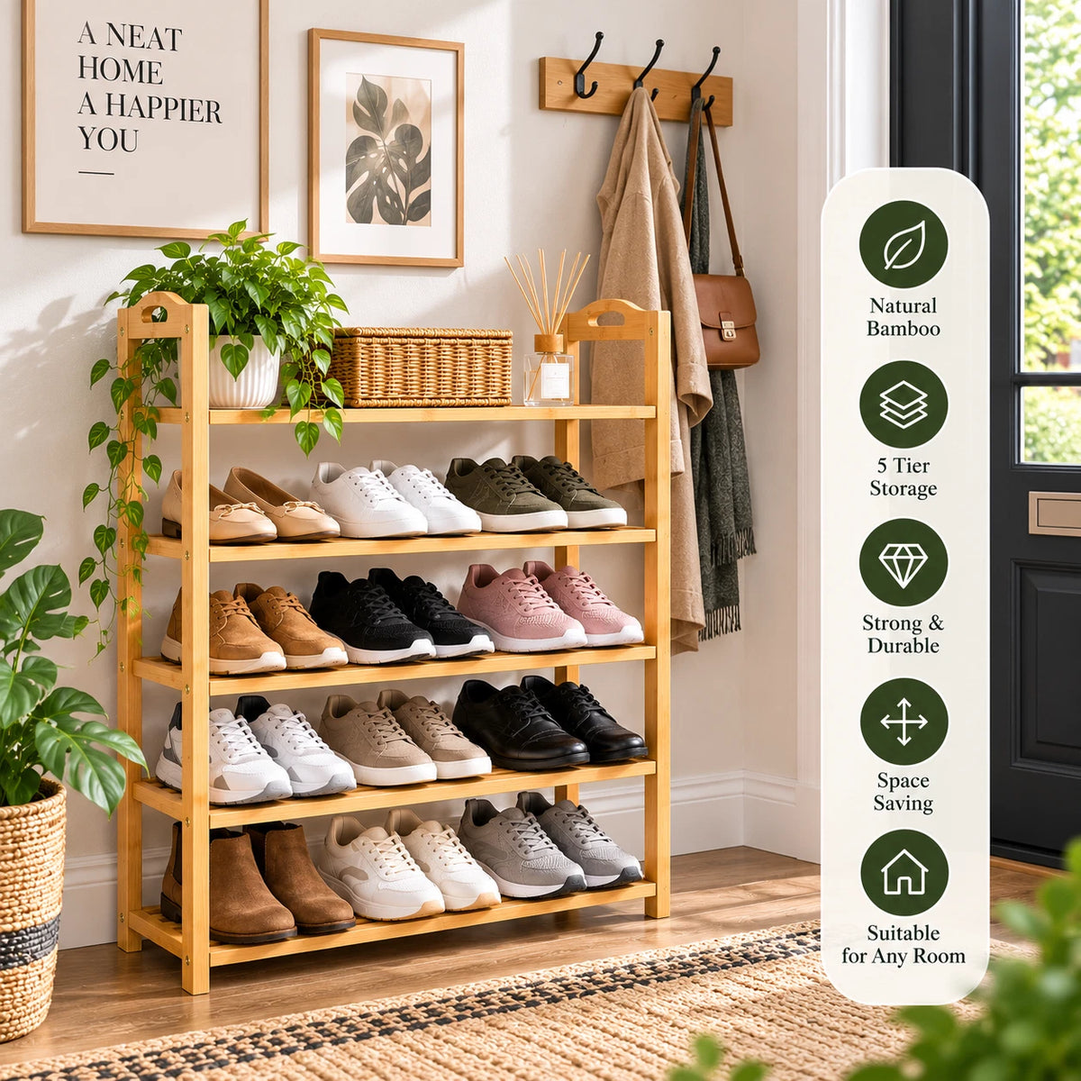 5 Tier Bamboo Shoe Rack Footwear Organiser Wooden Shelves Stroage Stand 15 Pairs