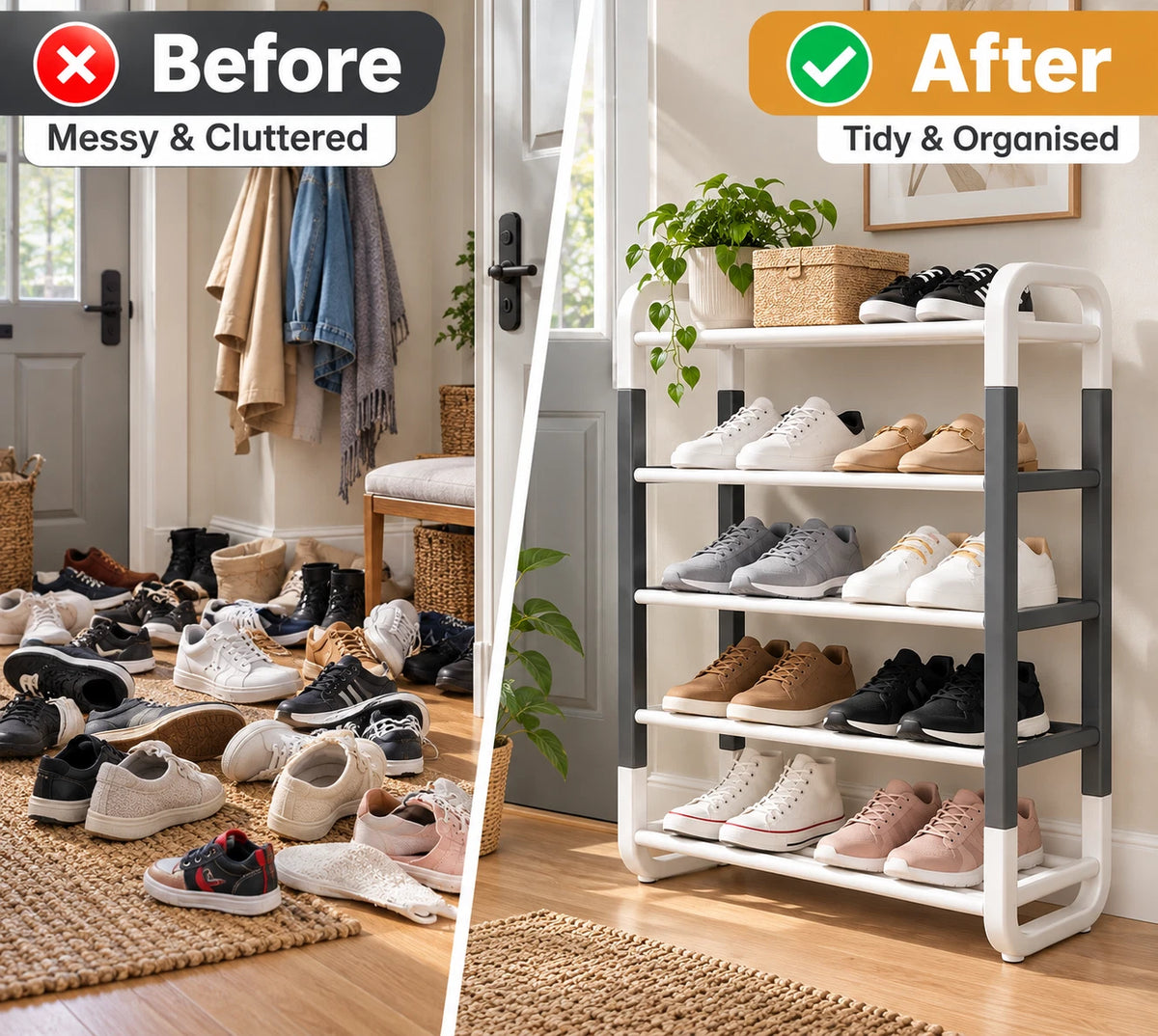 5 Tier Shoe Rack Footwear Organiser Stand Plastic Storage Shelves Hallway Tidy