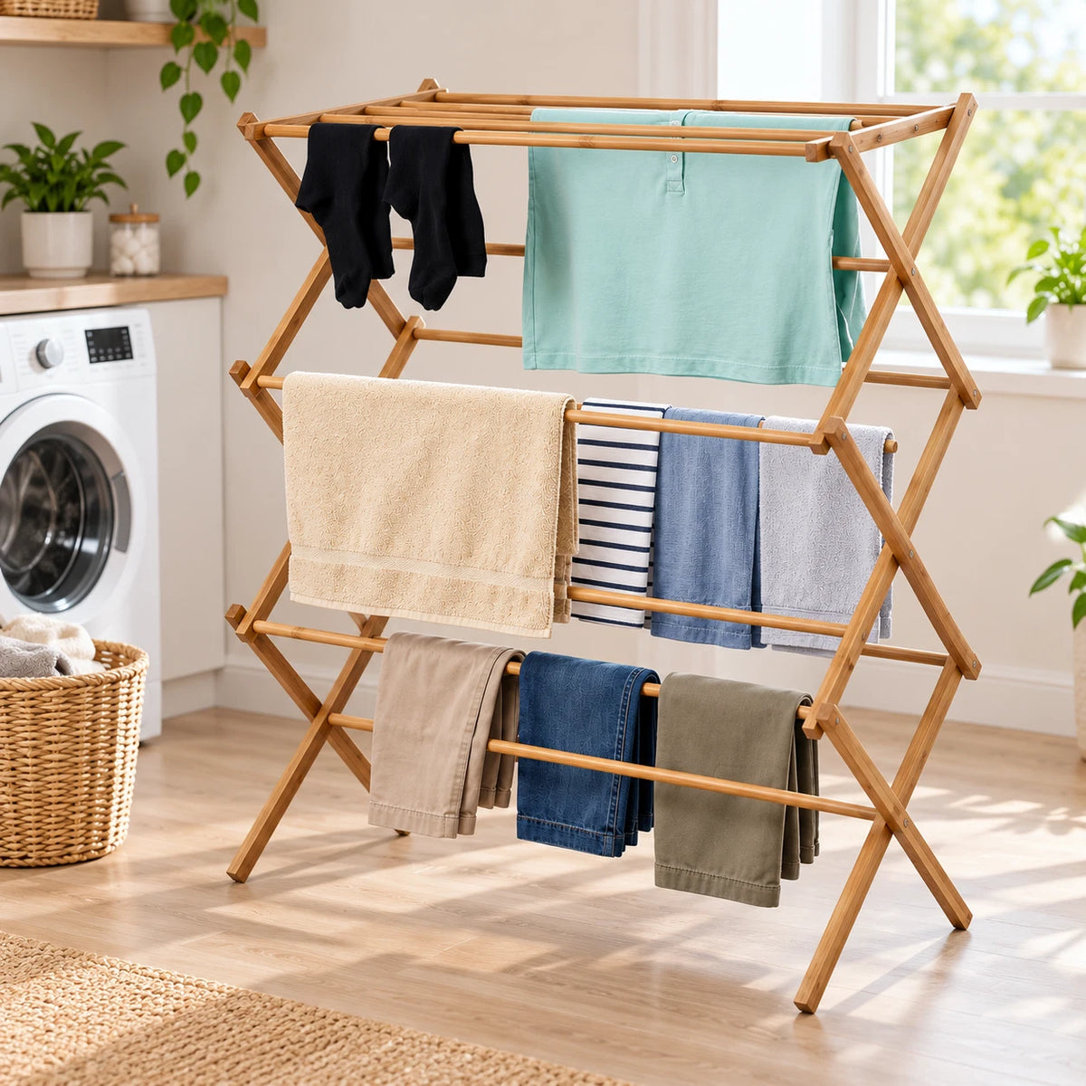 3 Tier Bamboo Clothes Dryer Airer Foldable Laundry Rack Washing Drying Horse