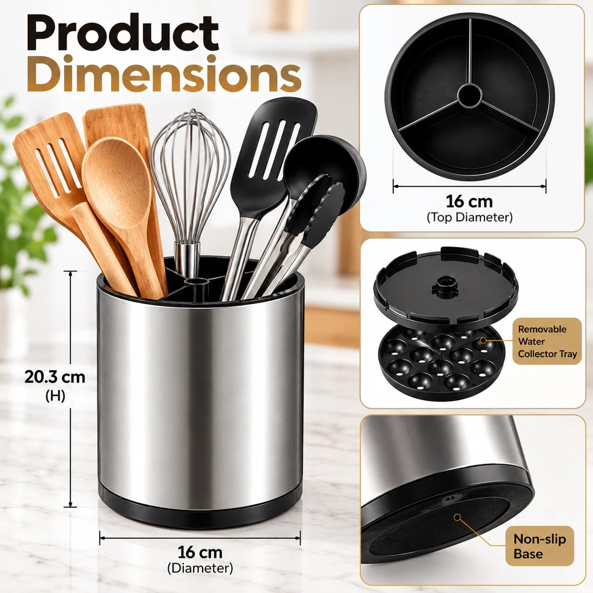 Stainless Steel Utensil Holder Rotating Kitchen Cutlery Holder Storage Organiser