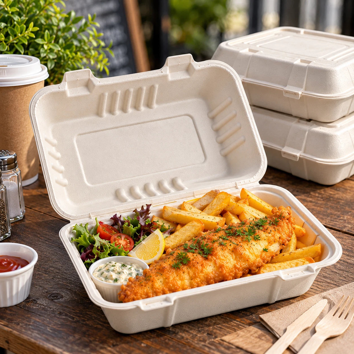 Clamshell Bagasse Takeaway Food Containers Meal Boxes 9x6 inch Eco Friendly