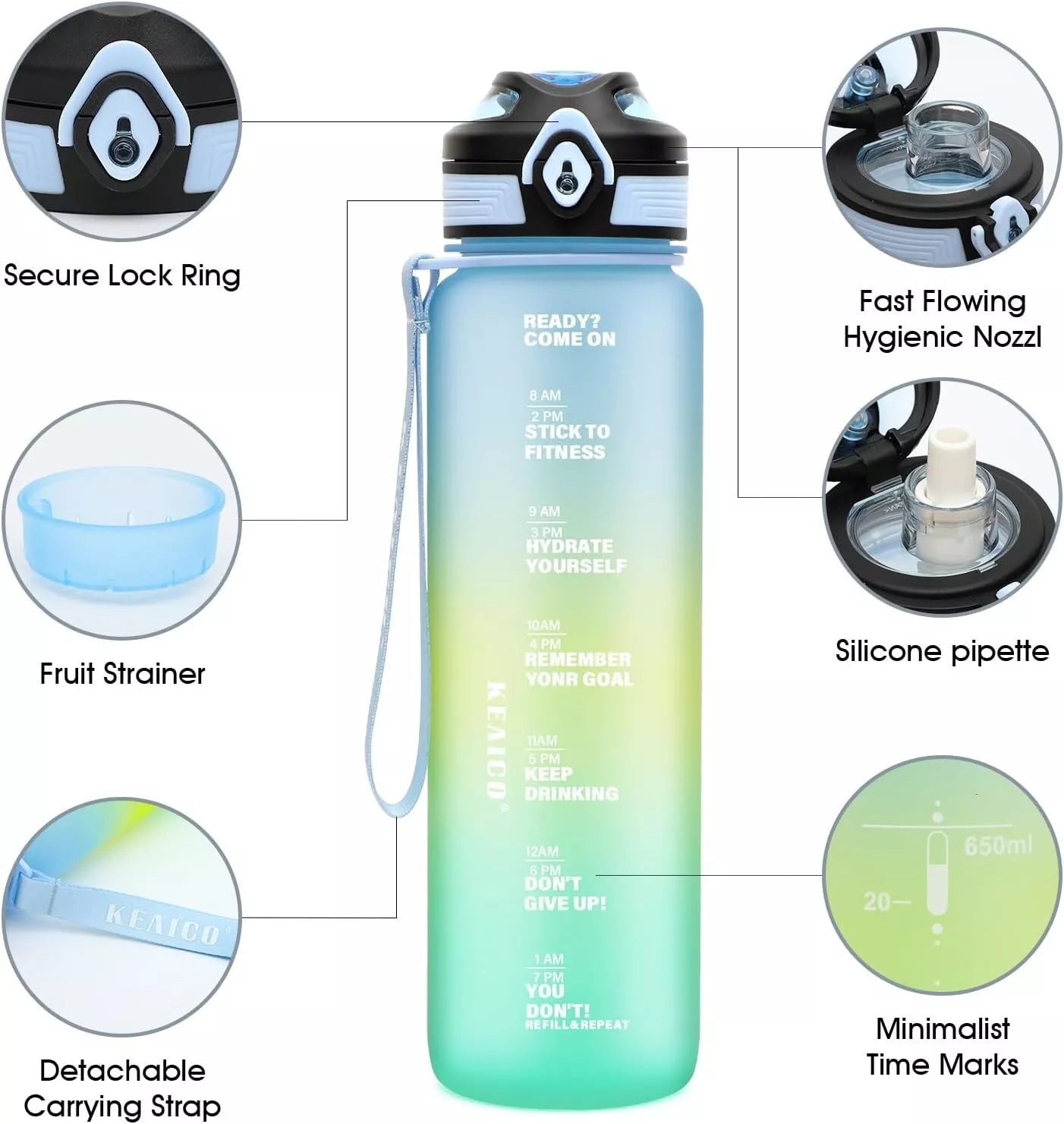 1L Sports Water Bottle Gym Travel Drinking Leak proof Bottle with Straw BPA Free