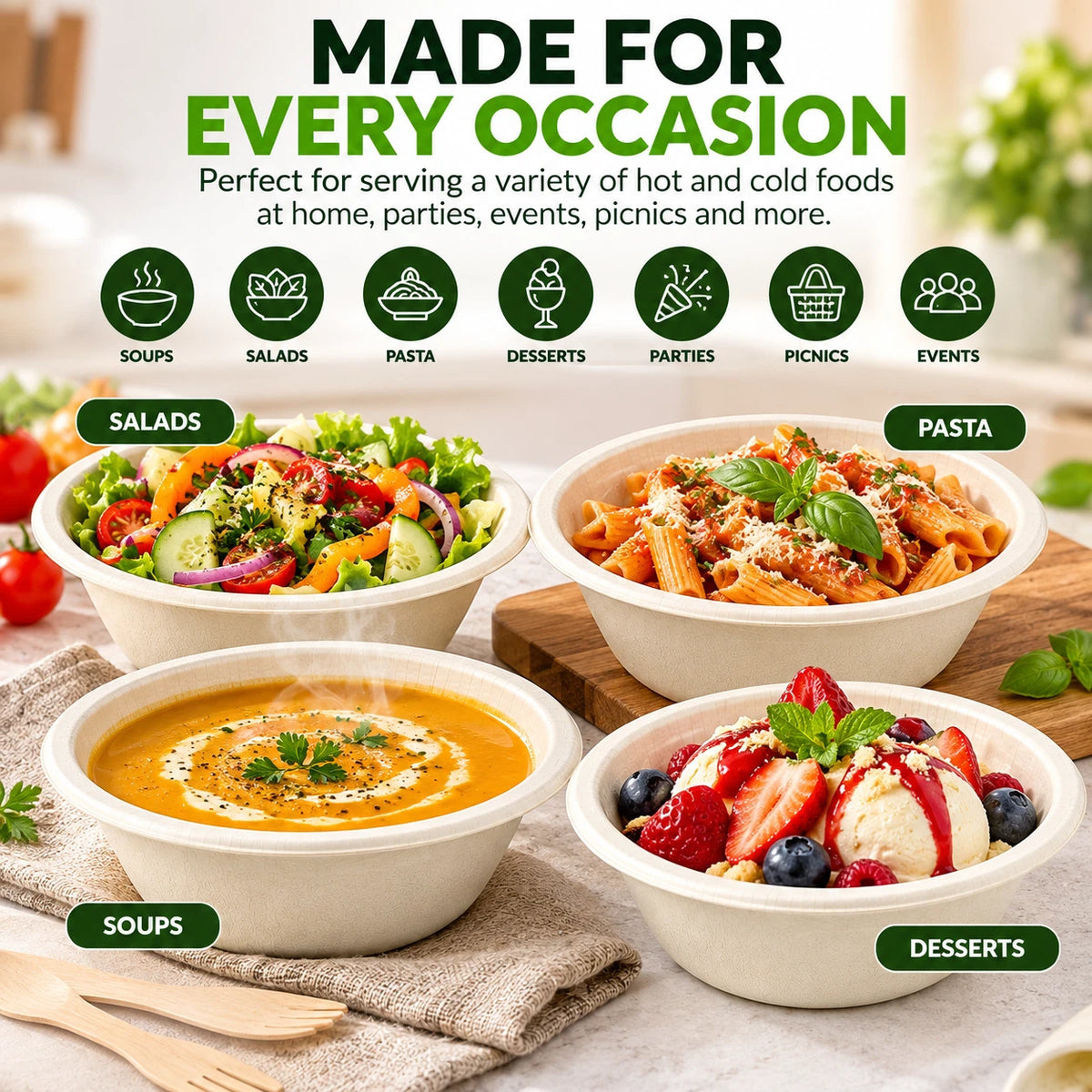 Bagasse Paper Bowls 8oz 240ml Disposable Dessert Party Catering Compostable