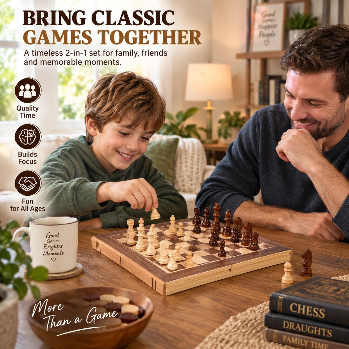 2 in 1 Folding Wooden Chess And Draughts Board Games Set Travel Portable Gift