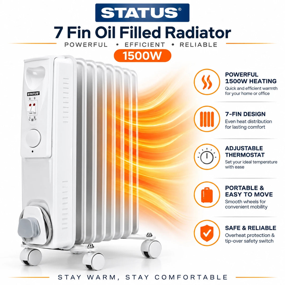 7 Fin Portable Oil Filled Radiator Electric Heater Thermostat 1500W Home Office