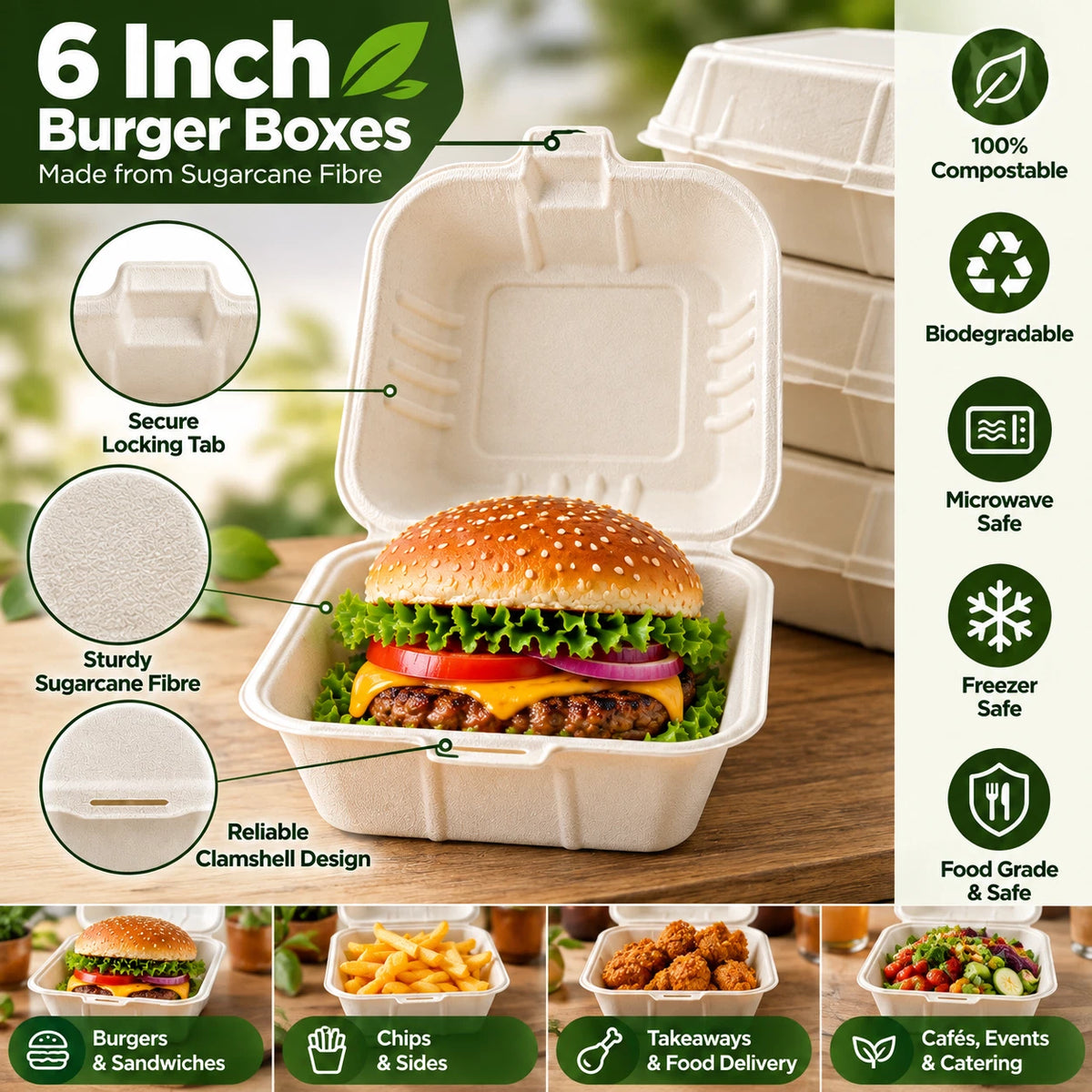 Bagasse Burger Box Food Containers Clamshell Takeaway Boxes 100% Compostable