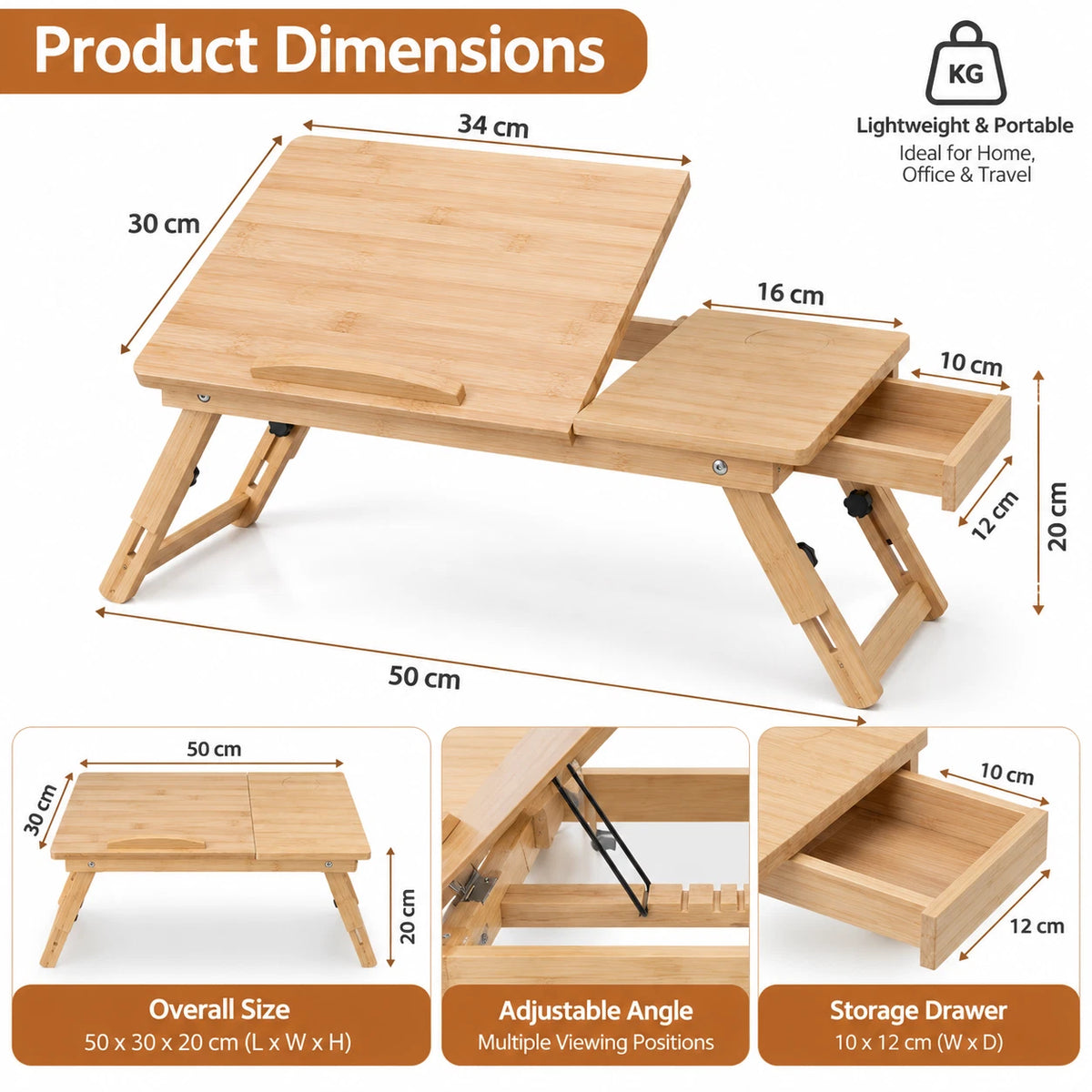 Bamboo Folding Laptop Table Stand With Storage Adjustable Bed Breakfast Tray