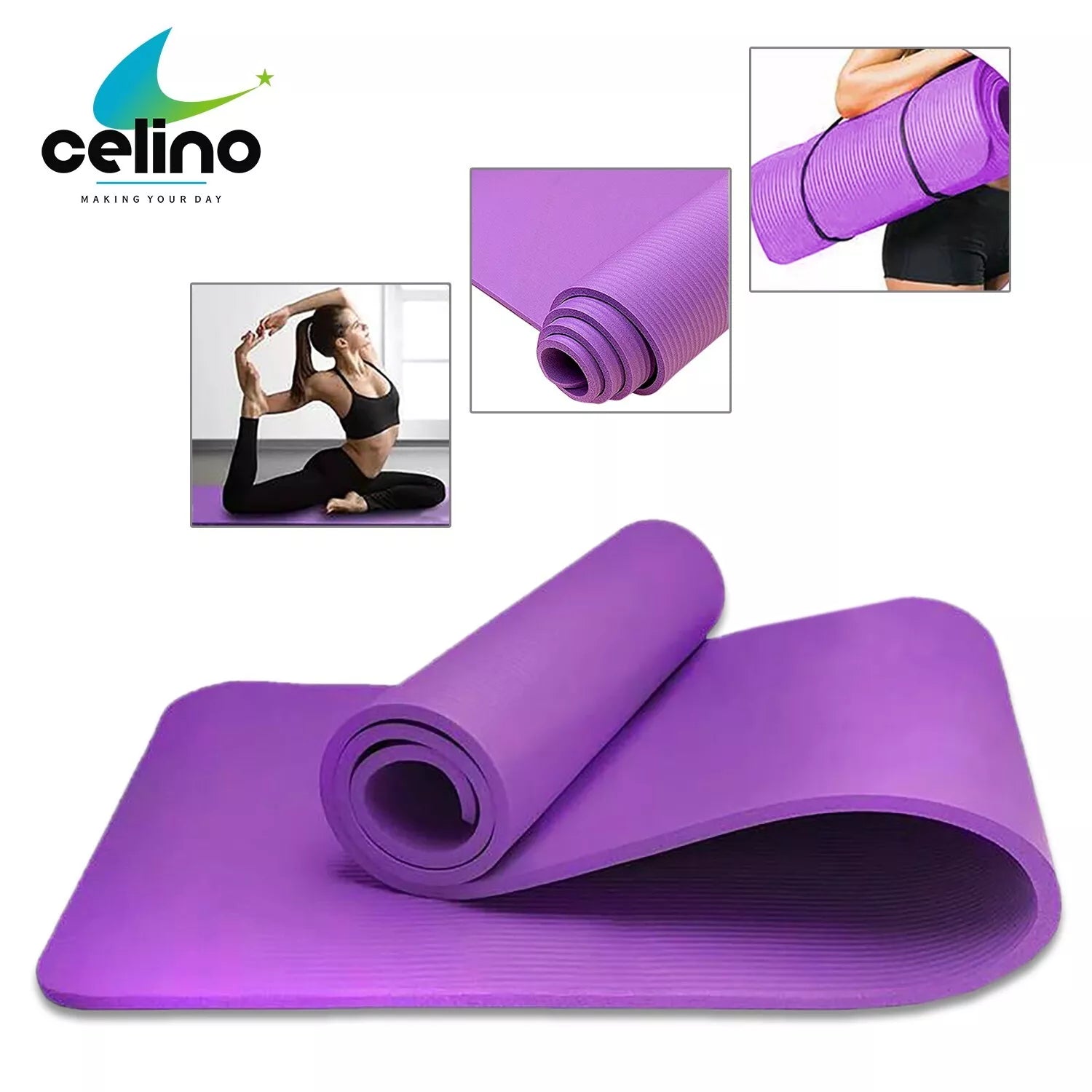Yoga Mat Thick 10mm Non Slip NBR Carry Strap 183cm x 61cm Fitness Exercise Gym