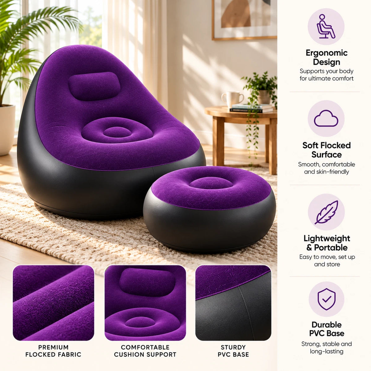 Inflatable Lounger Ottoman Couch With Foot Stool Air Blow Up Sofa Chair Camping