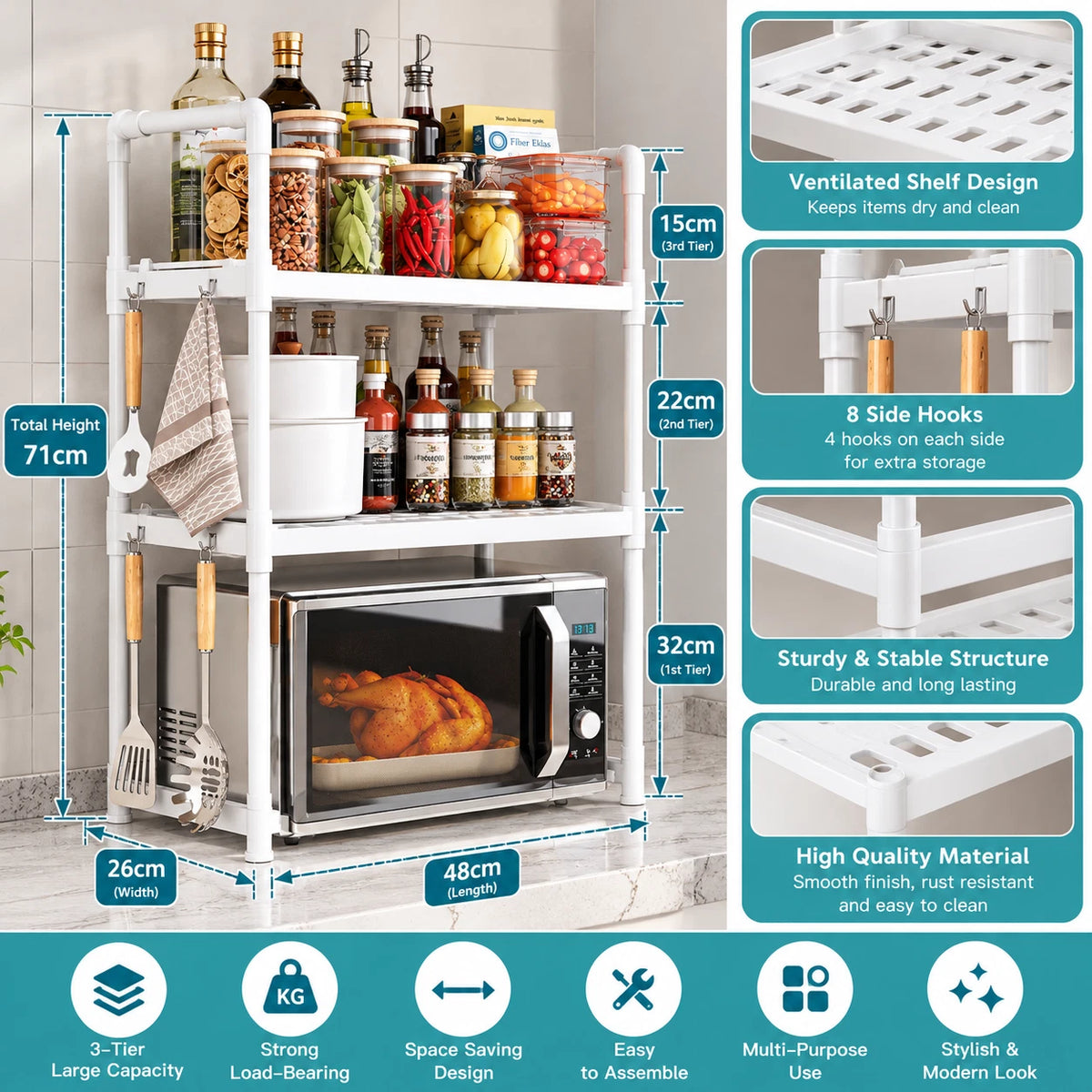 3 Tier Microwave oven Rack Stand Storage Holder Kitchen Corner Shelf 8 Hooks NEW