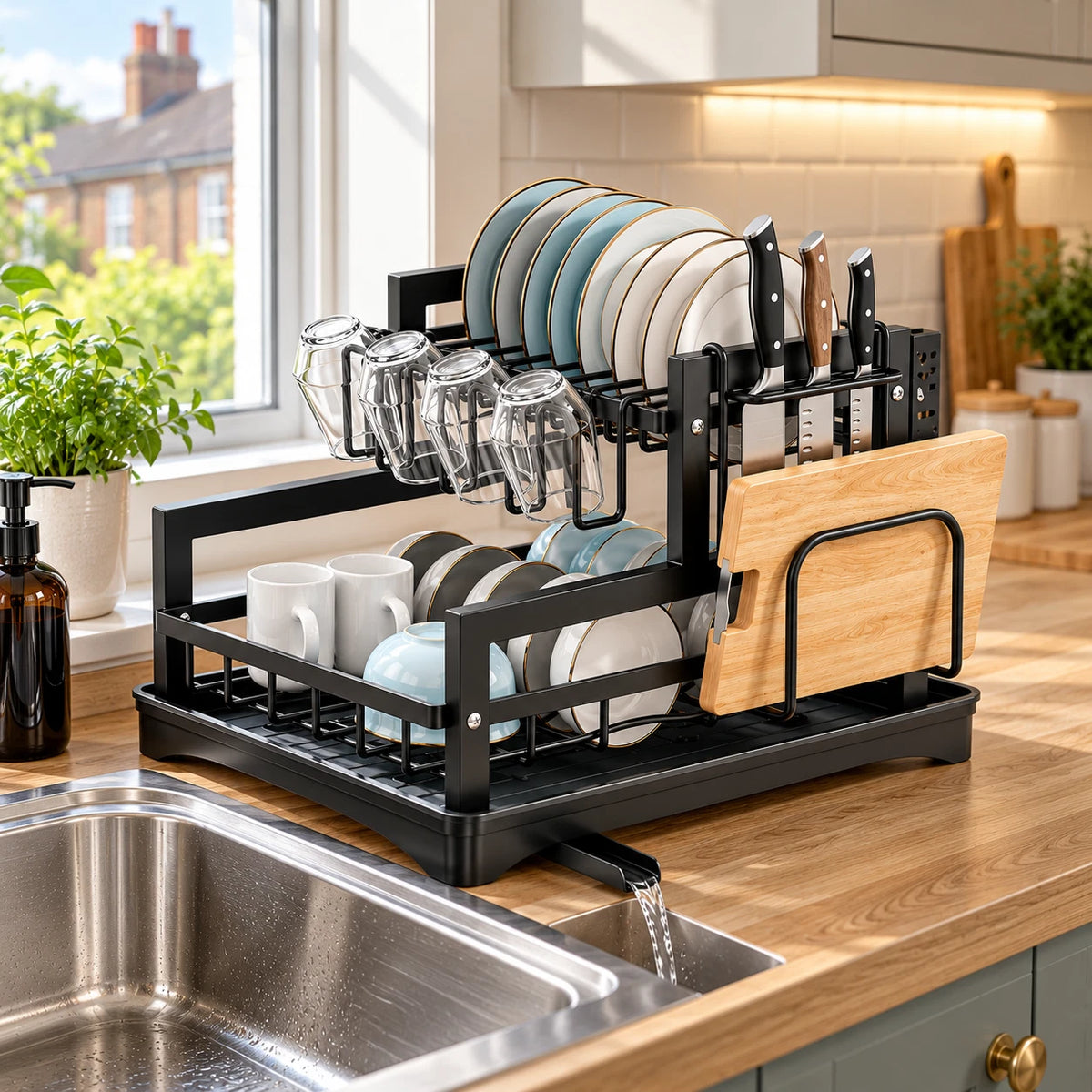2 Tier Dish Rack Metal Black Cutlery Plates Cup Holder Kitchen Storage Organiser
