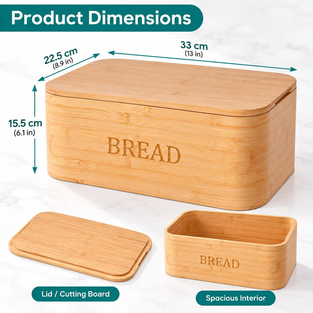 Bamboo Bread Bin with Chopping Board Lid Bread Box Kitchen Food Storage Counter