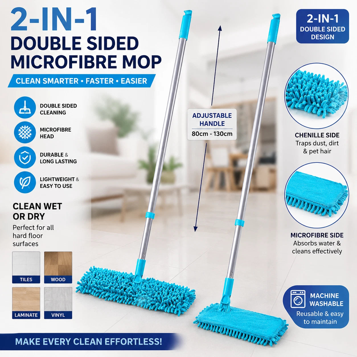 Double Sided Microfiber Mop Floor Cleaner Wet Dry Cleaning Extendable Handle