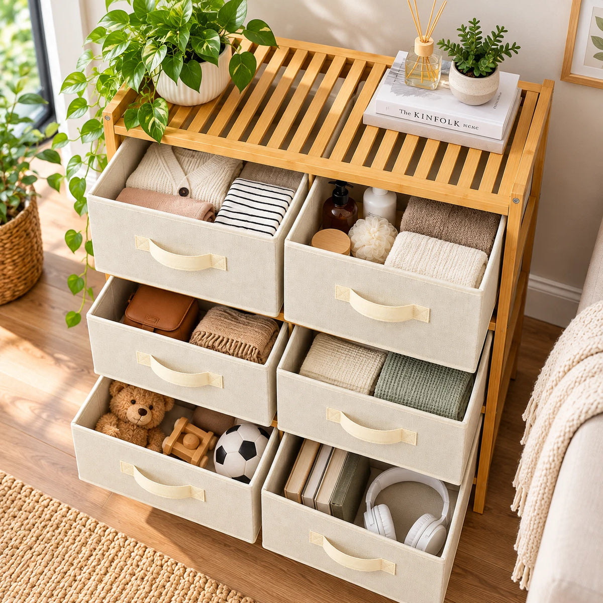 6 Chest of Drawers Fabric Bamboo Top Storage Unit Bedroom Dresser Living Room