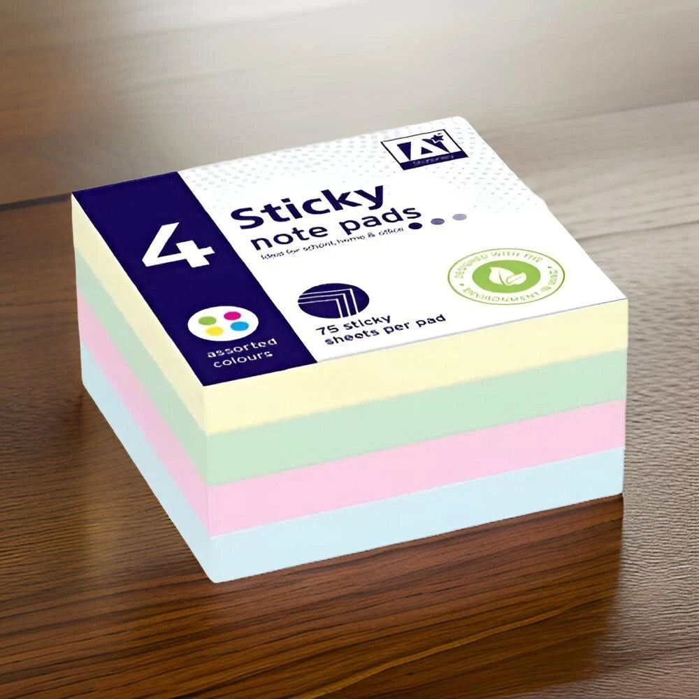 4 Pack Pastel Sticky Notes – Self Adhesive Removable Memo Pads in Assorted Colours for Office & School