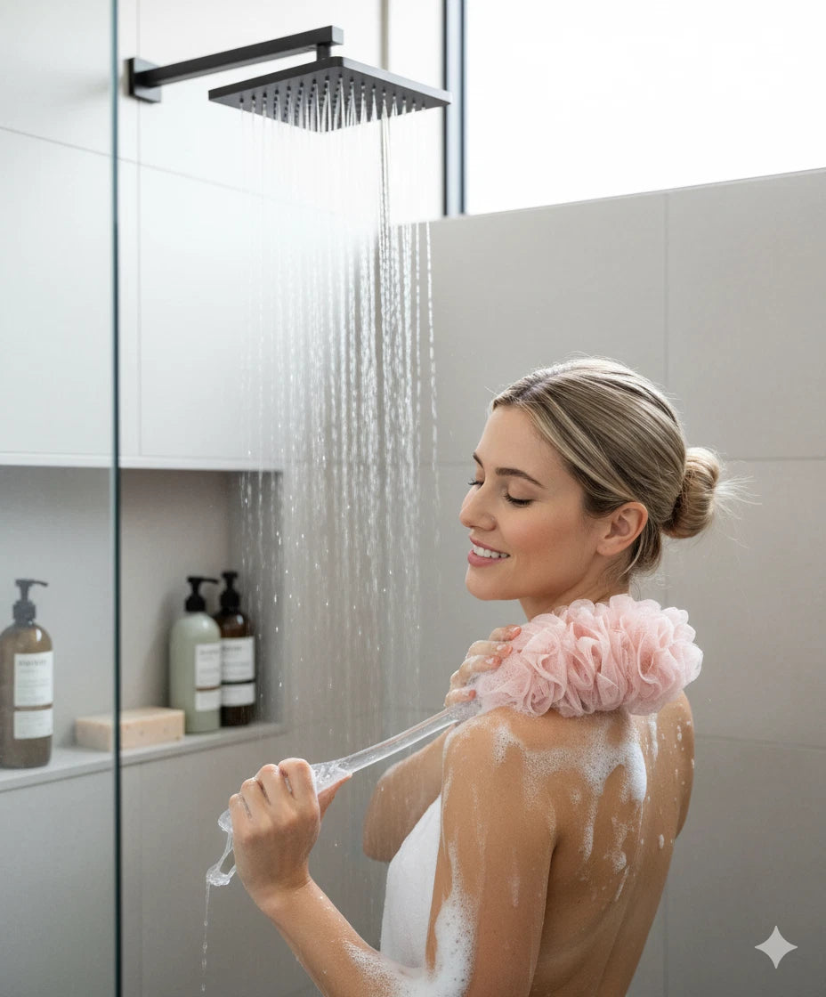 Long Handle Bath Brush & Mesh Sponge – Back Scrubber Body Wash Shower Loofah for Exfoliating & Cleansing