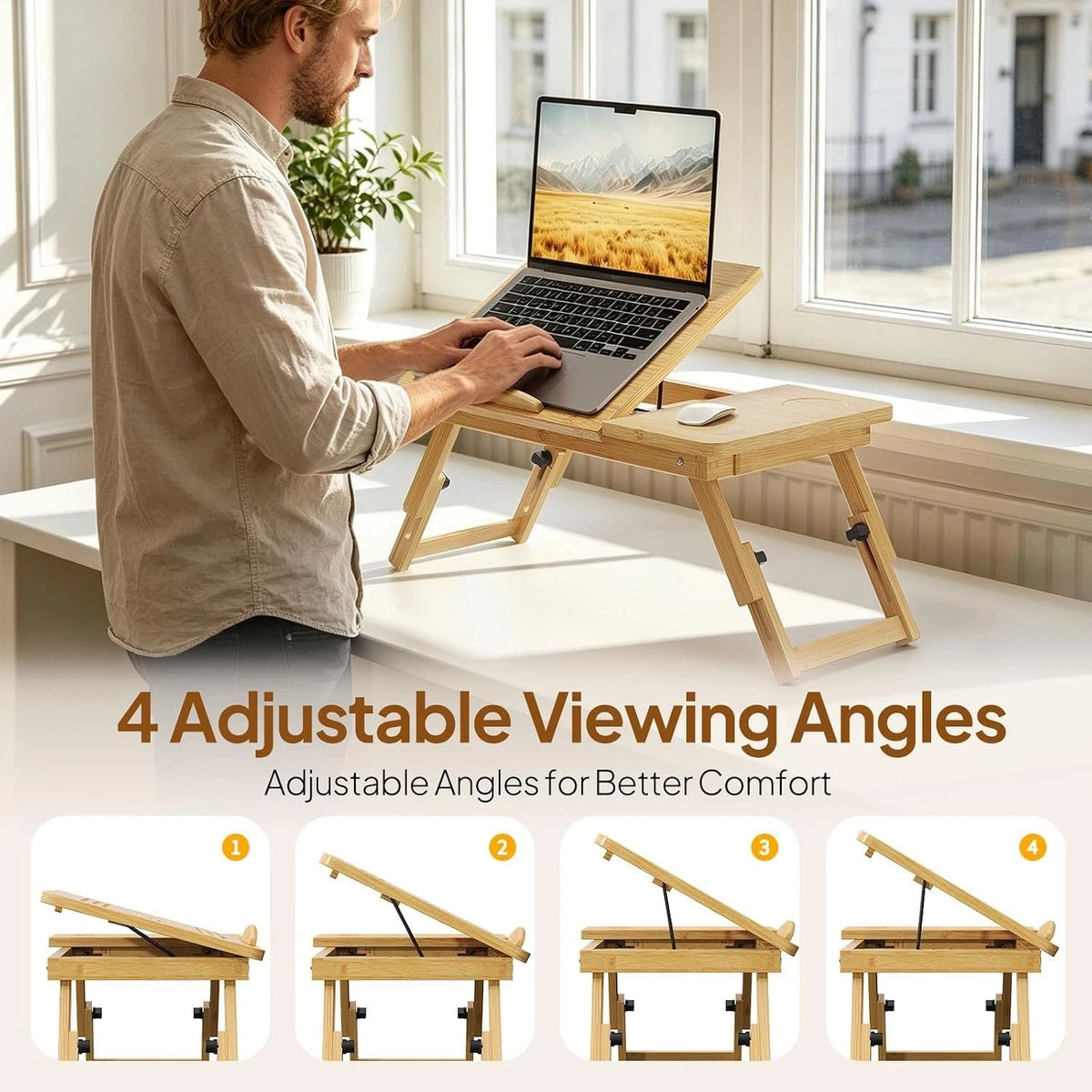 Bamboo Folding Laptop Table Stand With Storage Adjustable Bed Breakfast Tray