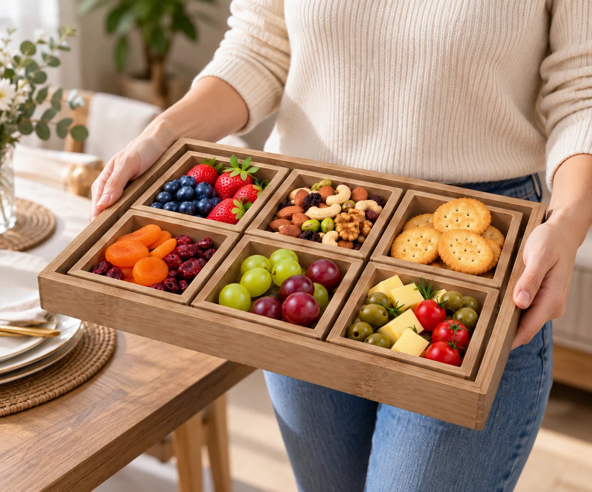 7pc Bamboo Serving Tray Rectangular Food Platters Nuts Candy Storage Organiser