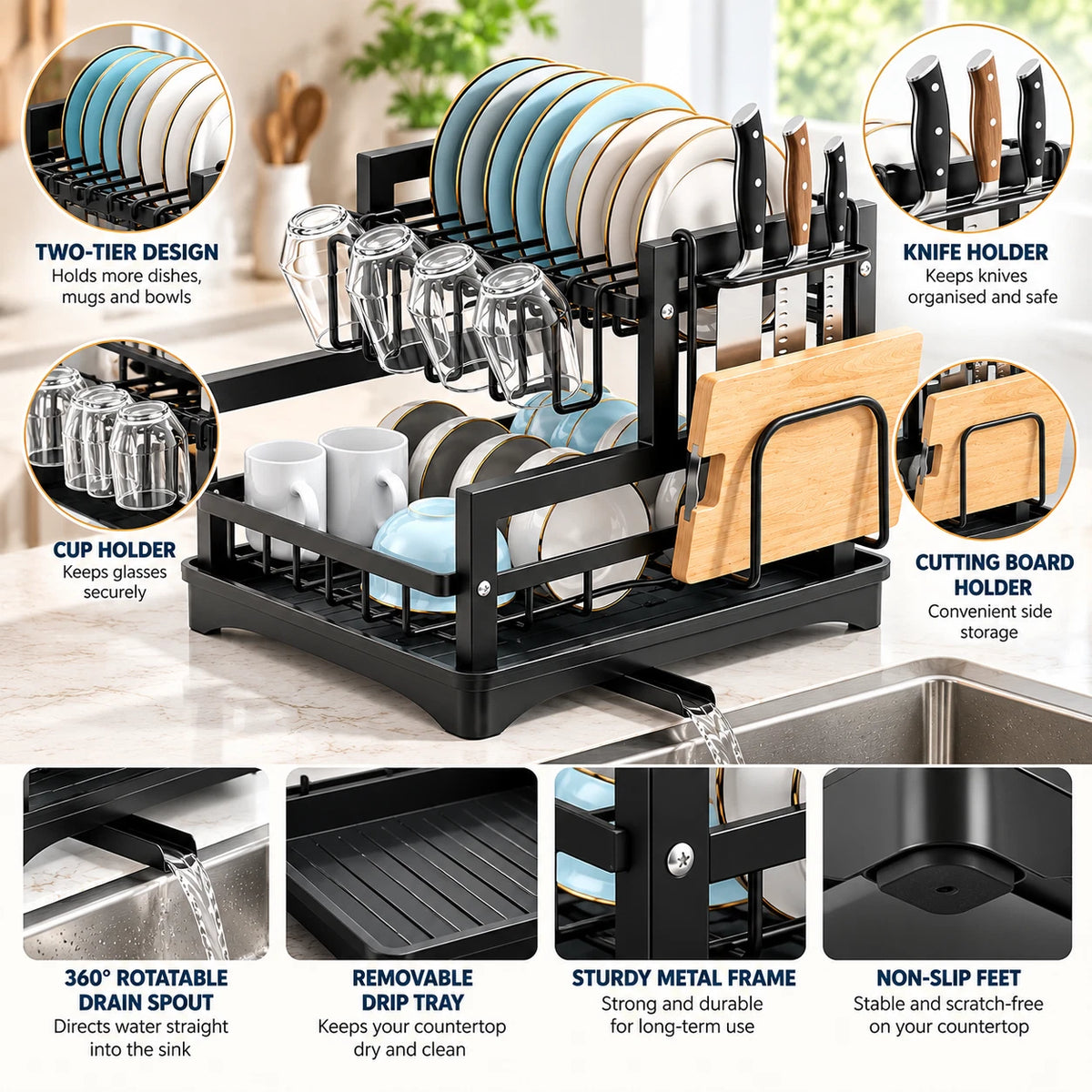 2 Tier Dish Rack Metal Black Cutlery Plates Cup Holder Kitchen Storage Organiser