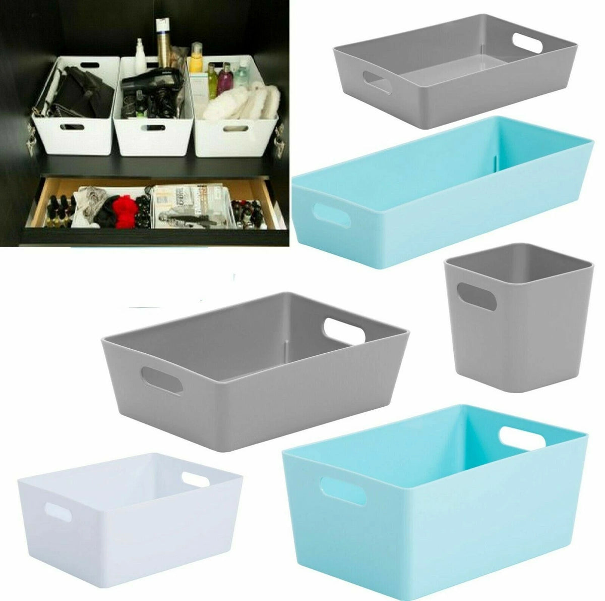 Plastic Storage Baskets Organiser Reusable Boxes Kitchen Bathroom Office Home