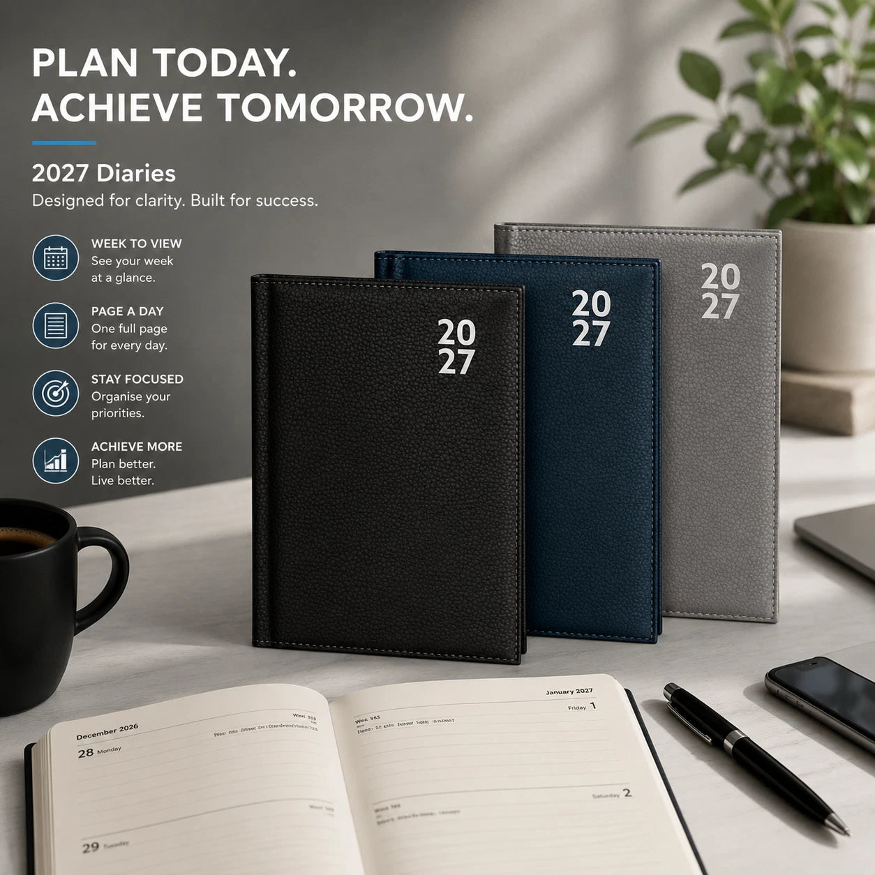 2027 Diary A4 A5 Page a Day or Week To View Padded Cover Dairy Diaries Office