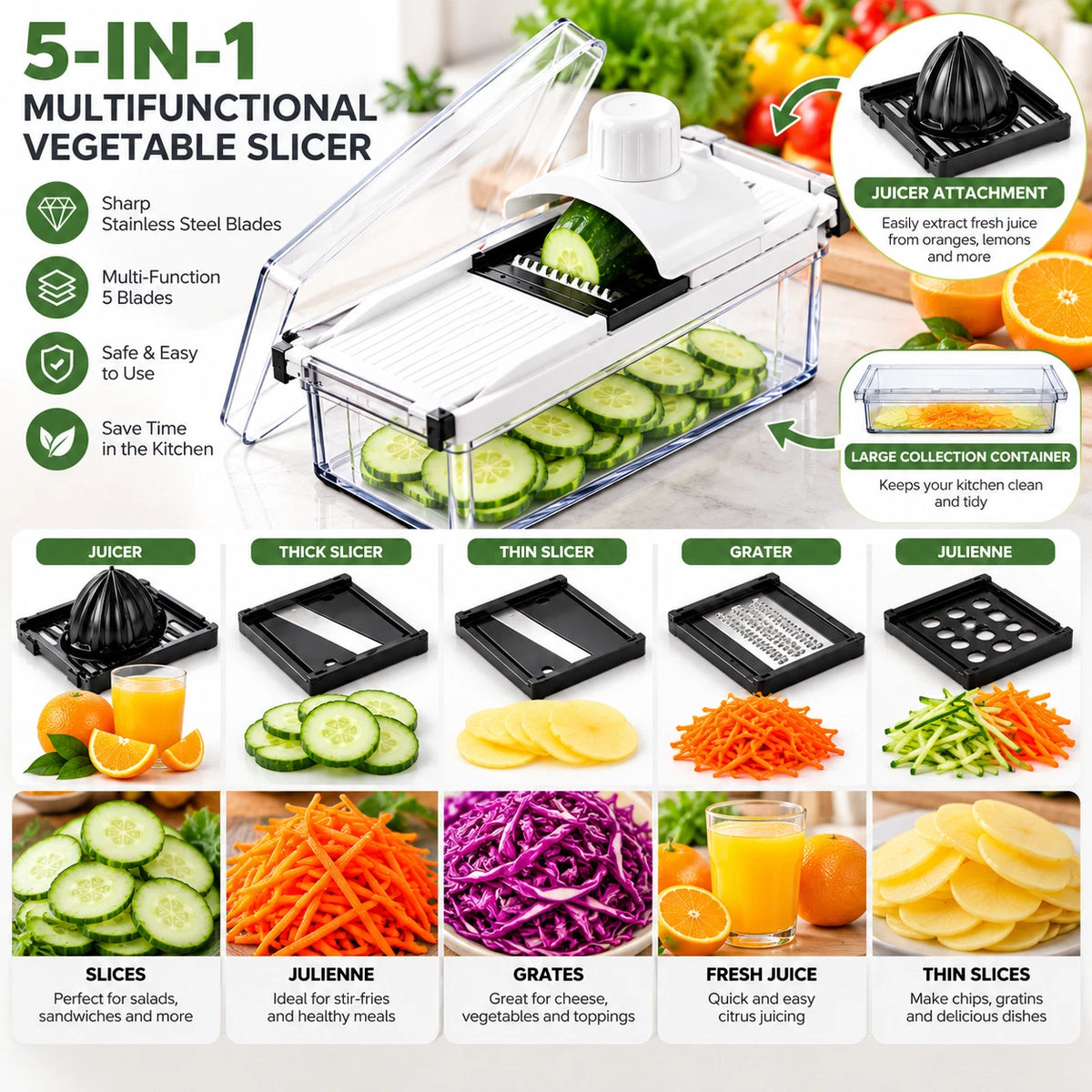 Mandoline Vegetable Slicer with Container 4 Blades and Juicer Julienne Cutter