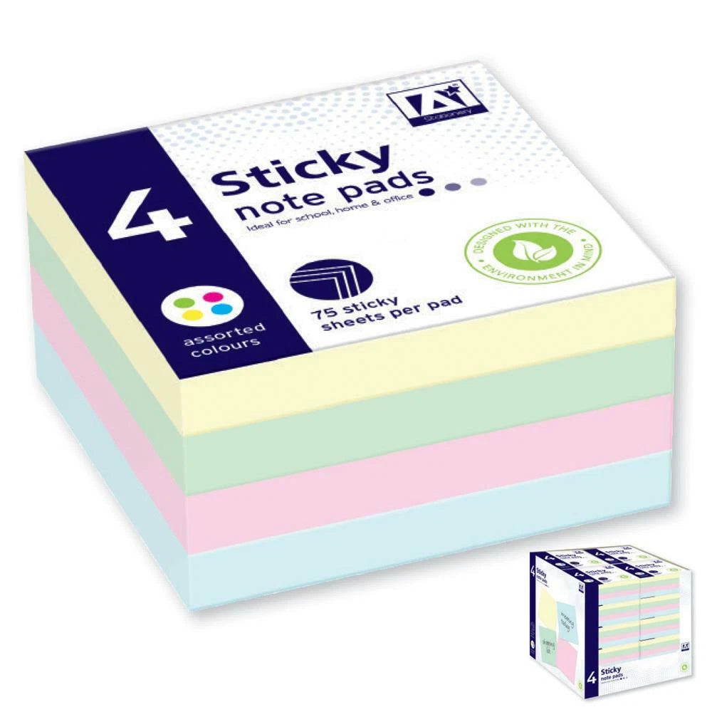 4 Pack Pastel Sticky Notes – Self Adhesive Removable Memo Pads in Assorted Colours for Office & School