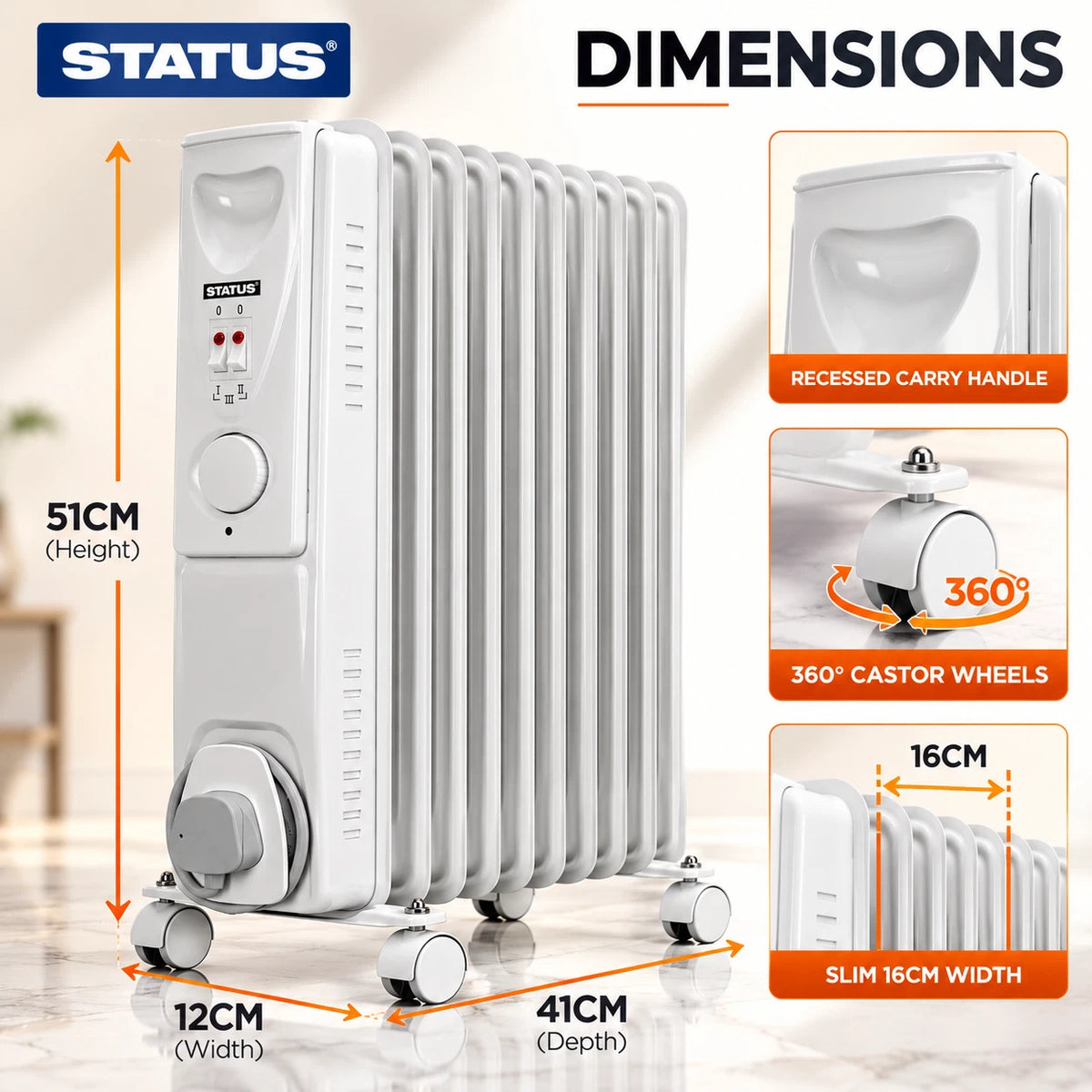 9 Fin Portable Oil Filled Radiator Electric Heater Thermostat 2000W Home Office