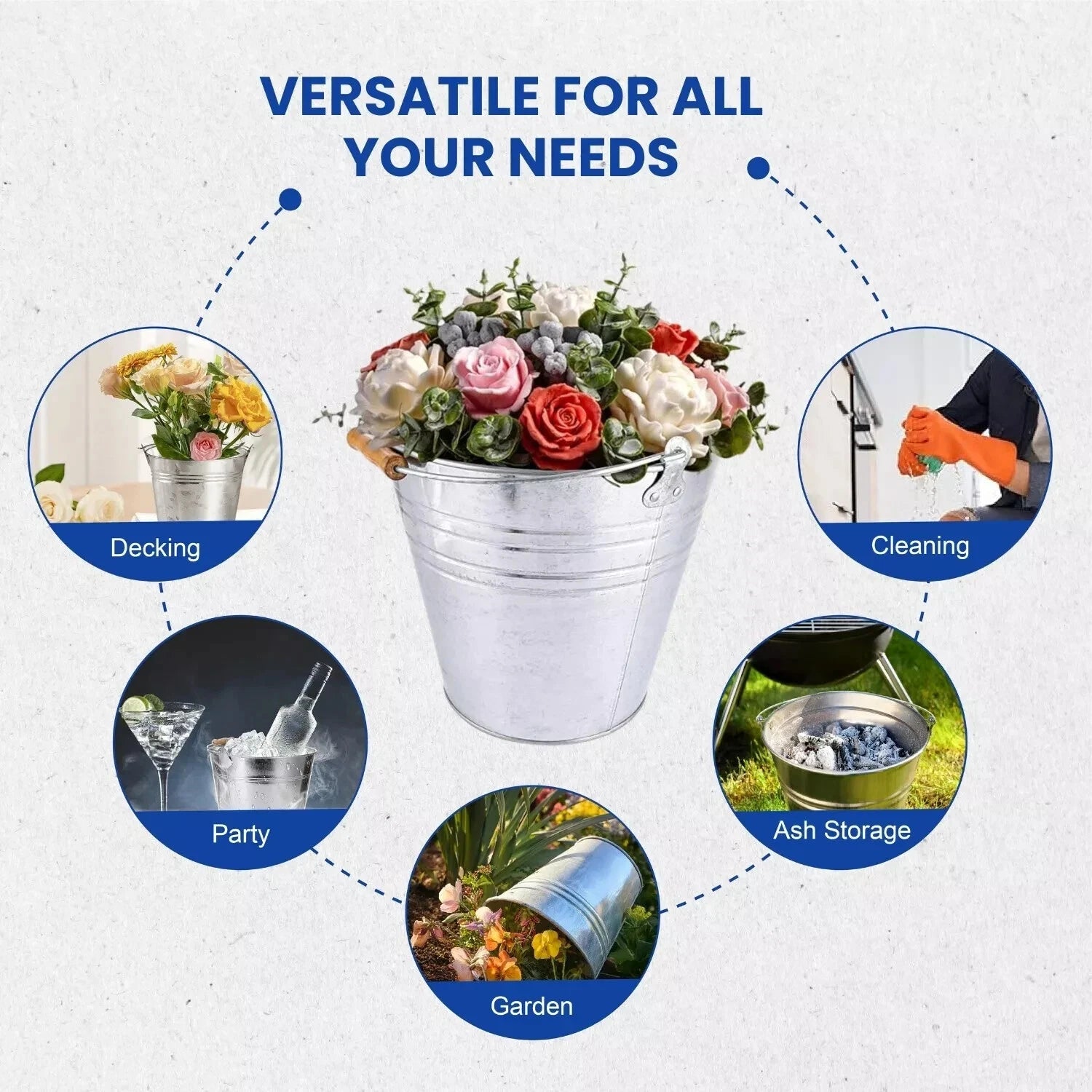 Traditional Metal Bucket With Handle Strong Galvanized Steel Heavy Duty Cleaning