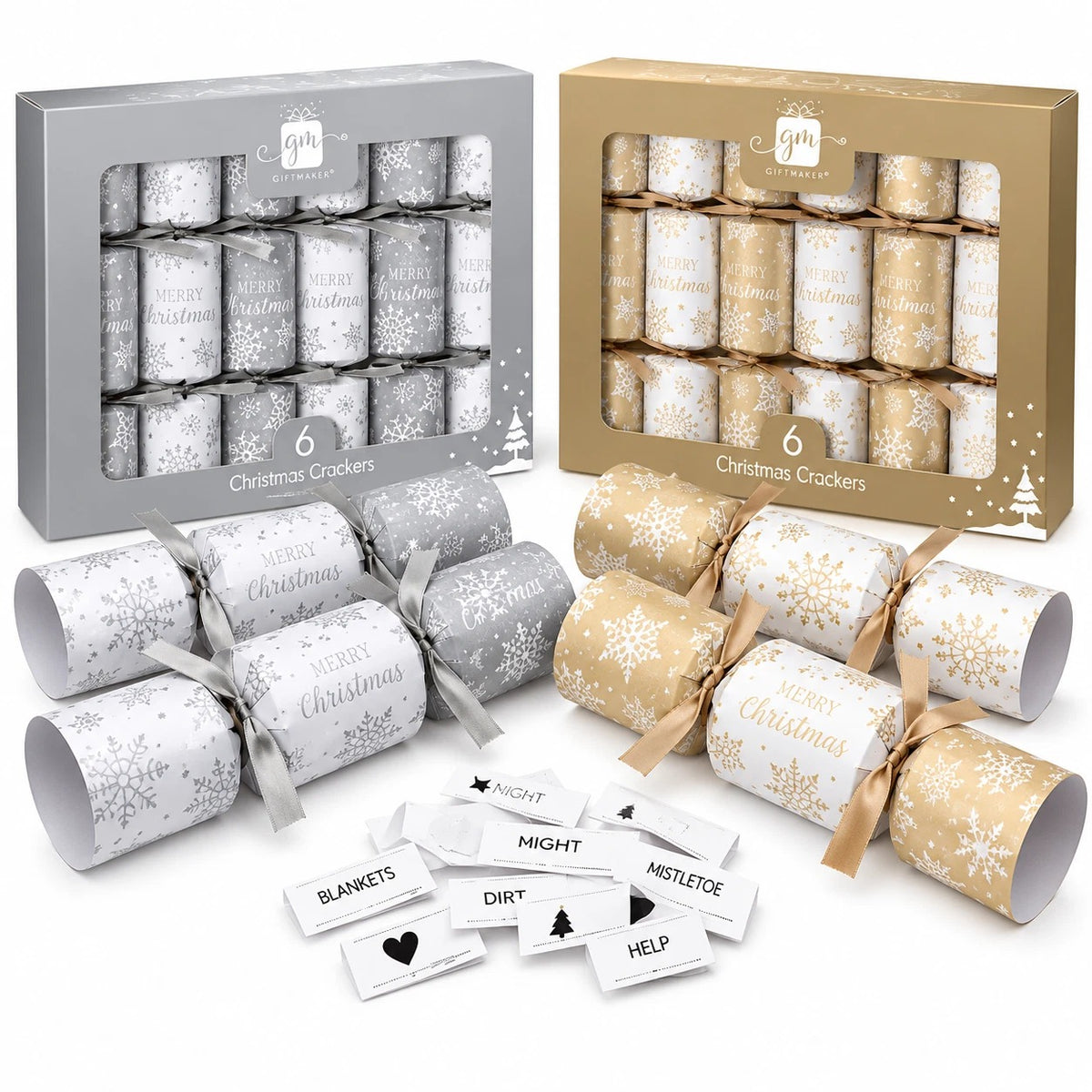 6 x Christmas Crackers Silver & Gold Snowflake 6 inch Dinner Table Xmas Gifts